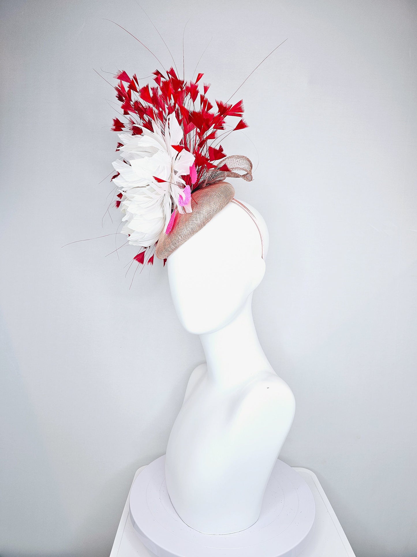 kentucky derby hat fascinator taupe neutral sinamay with white feather flowers and pink satin leaves and red feathers