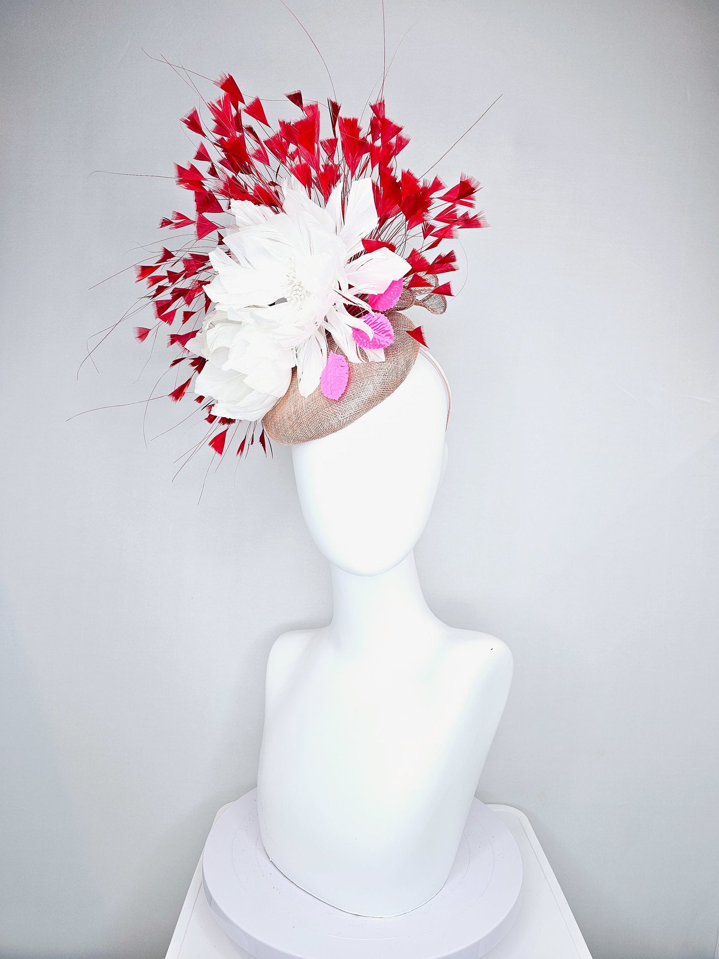 kentucky derby hat fascinator taupe neutral sinamay with white feather flowers and pink satin leaves and red feathers