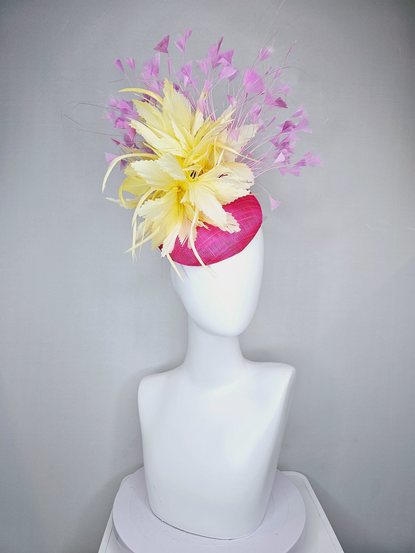 kentucky derby hat fascinator hot pink sinamay with lavender purple pink feathers yellow feather flower