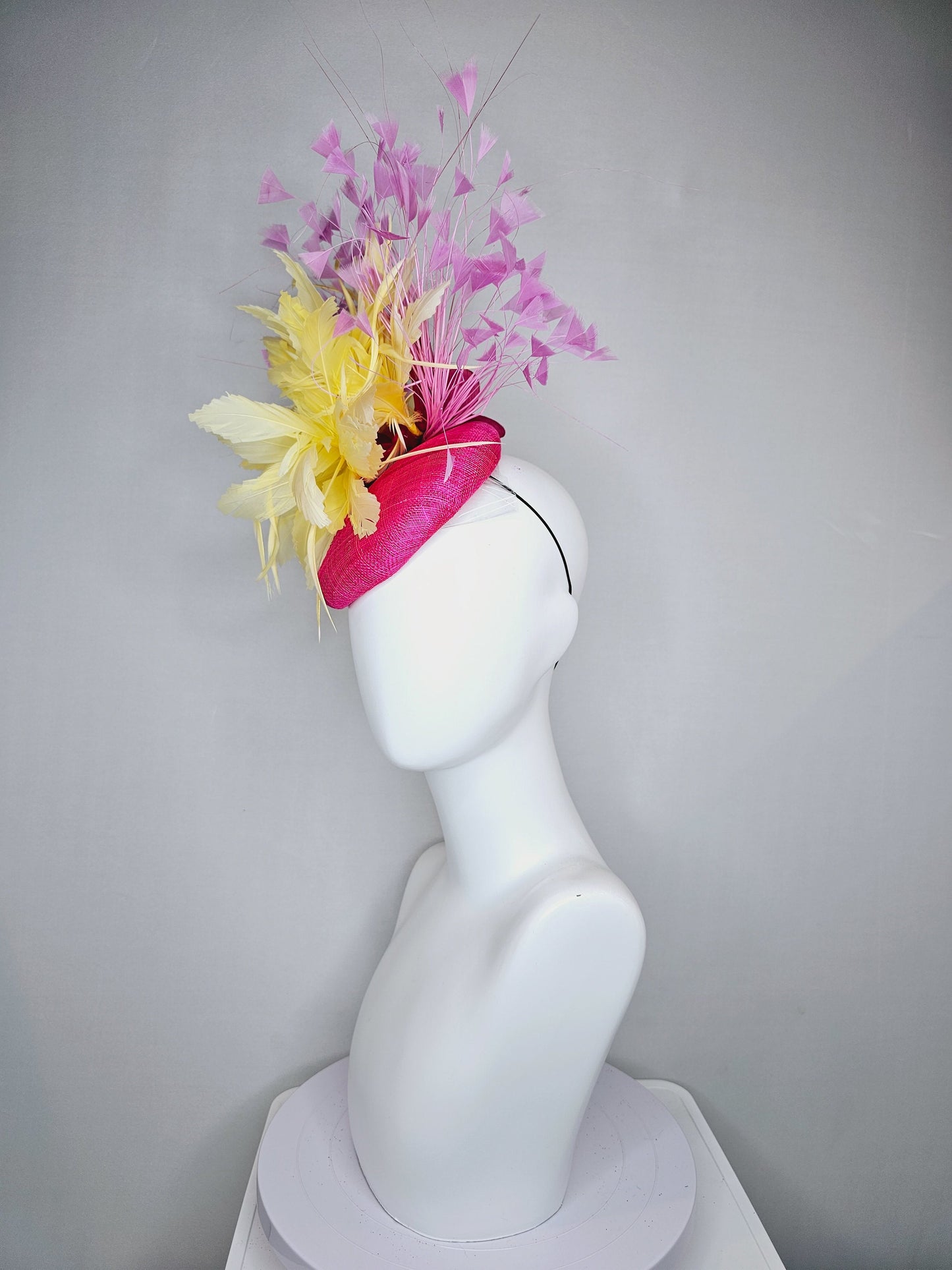kentucky derby hat fascinator hot pink sinamay with lavender purple pink feathers yellow feather flower