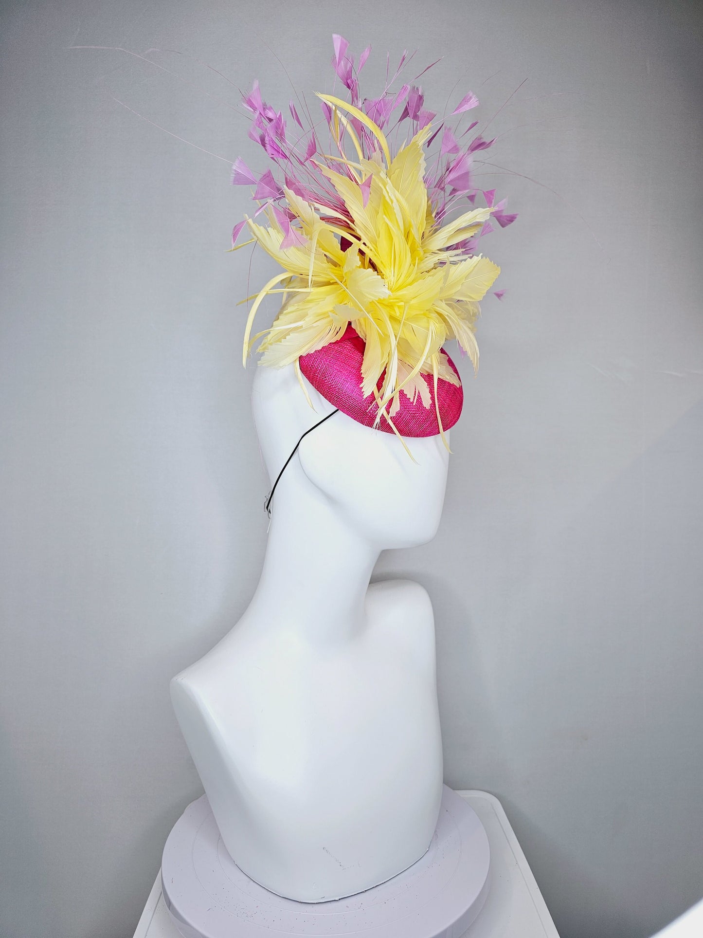 kentucky derby hat fascinator hot pink sinamay with lavender purple pink feathers yellow feather flower
