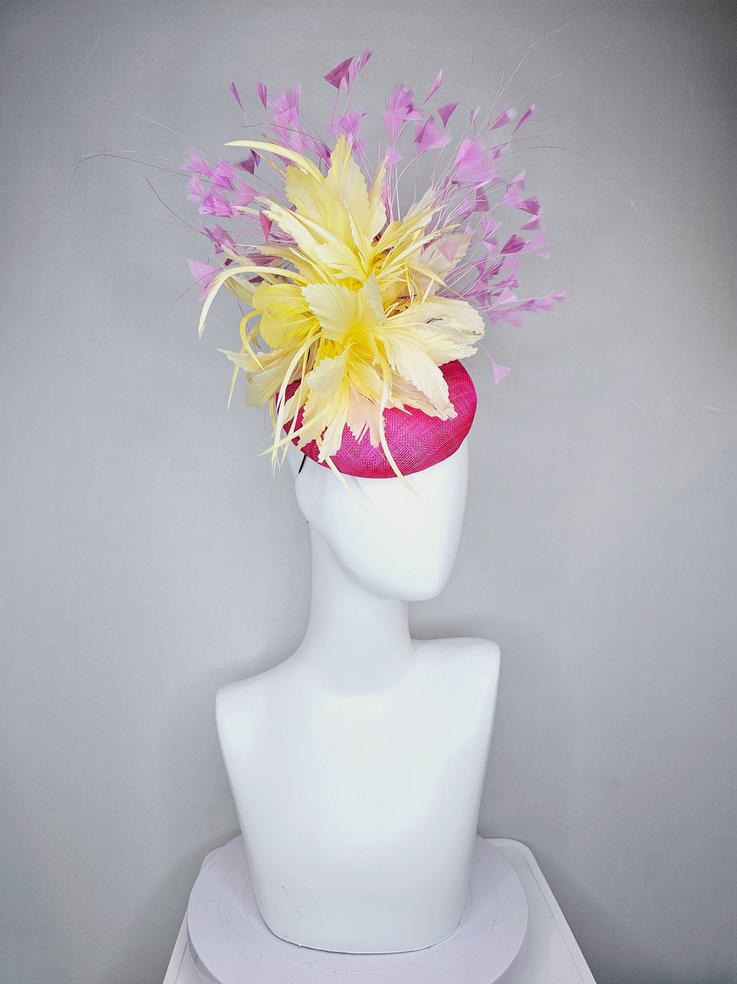 kentucky derby hat fascinator hot pink sinamay with lavender purple pink feathers yellow feather flower