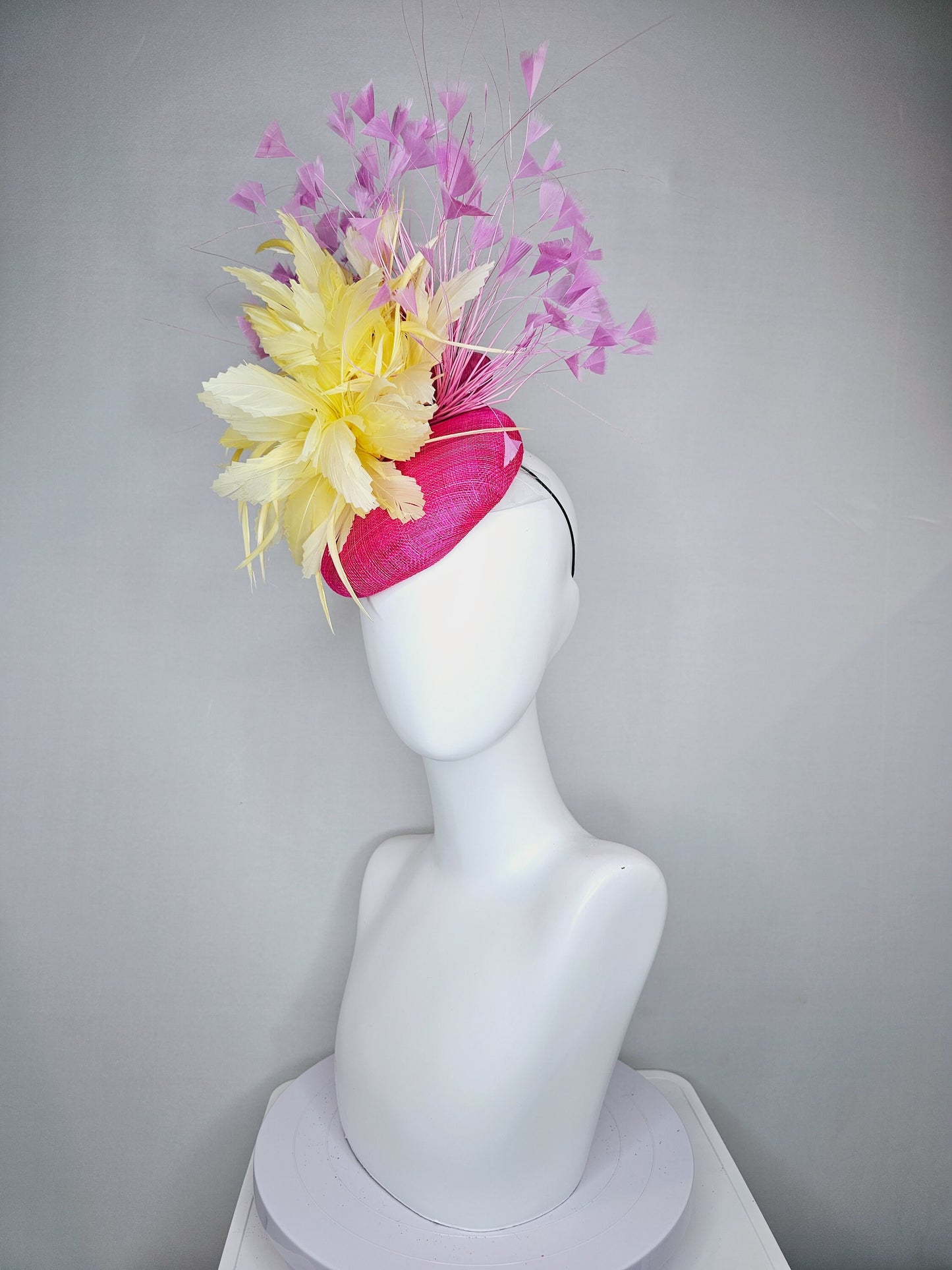 kentucky derby hat fascinator hot pink sinamay with lavender purple pink feathers yellow feather flower