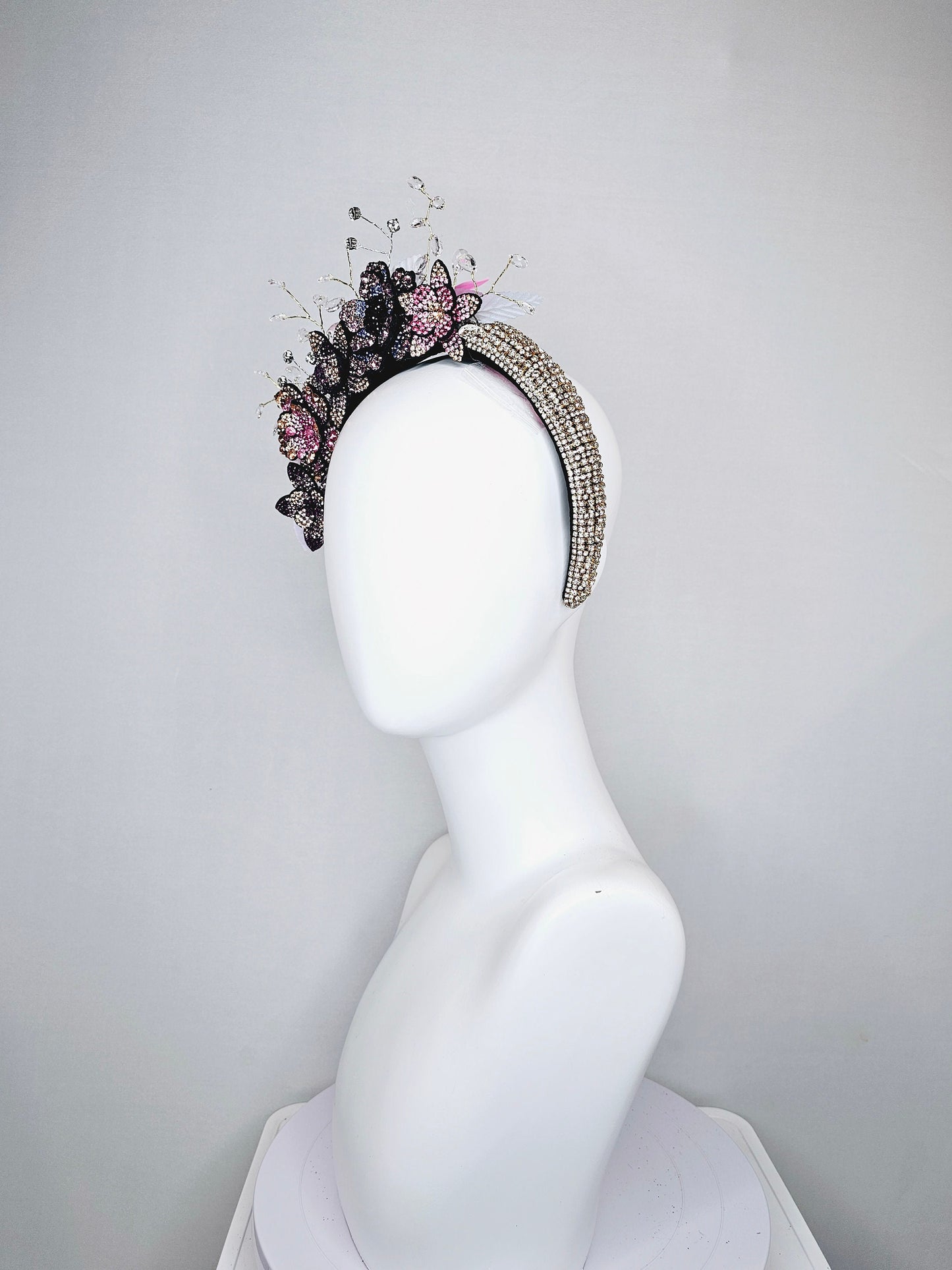 kentucky derby hat fascinator rhinestone crystal headband with pink gold purple clear ombre crystal flowers leaves and crystals