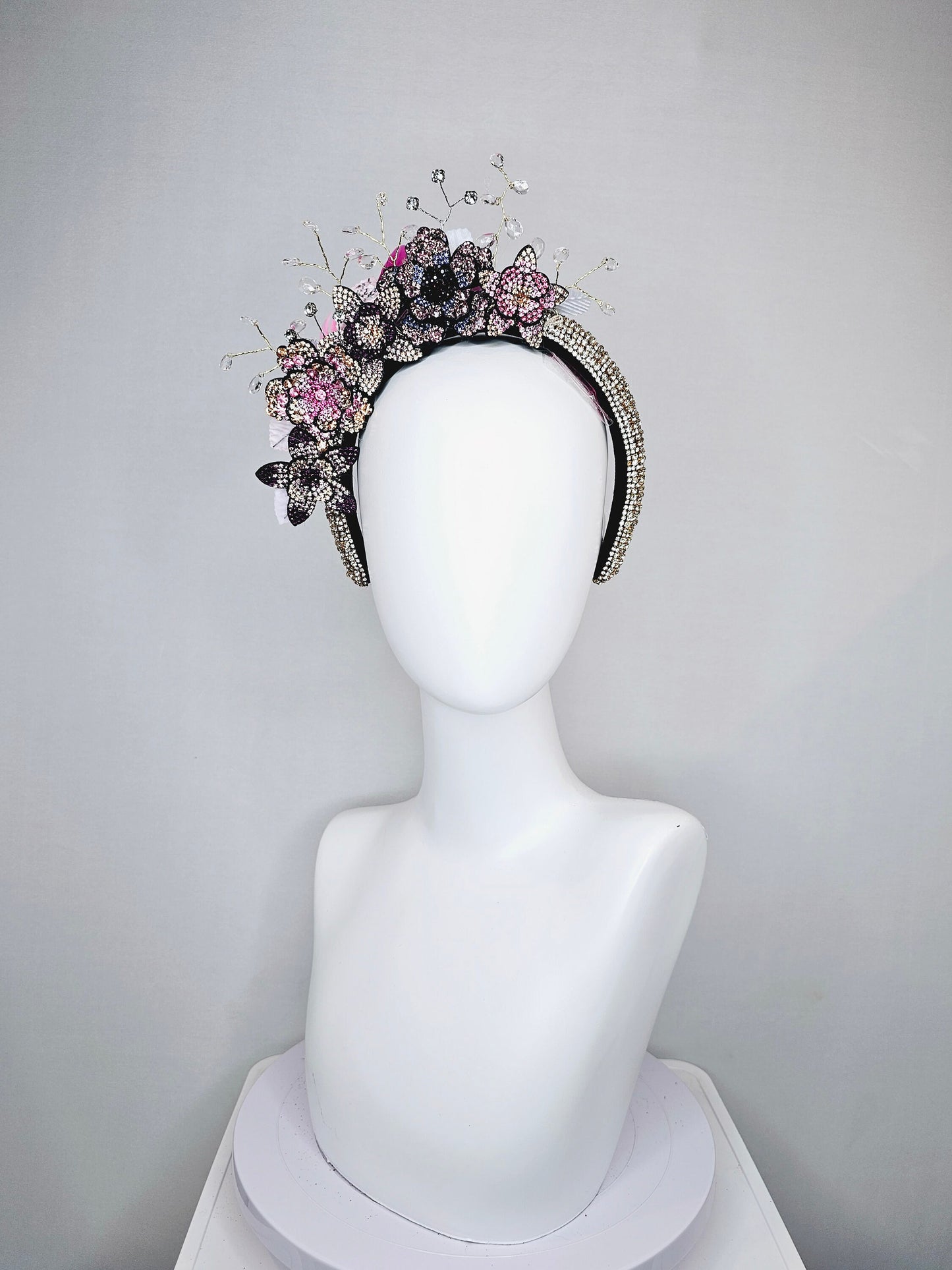 kentucky derby hat fascinator rhinestone crystal headband with pink gold purple clear ombre crystal flowers leaves and crystals