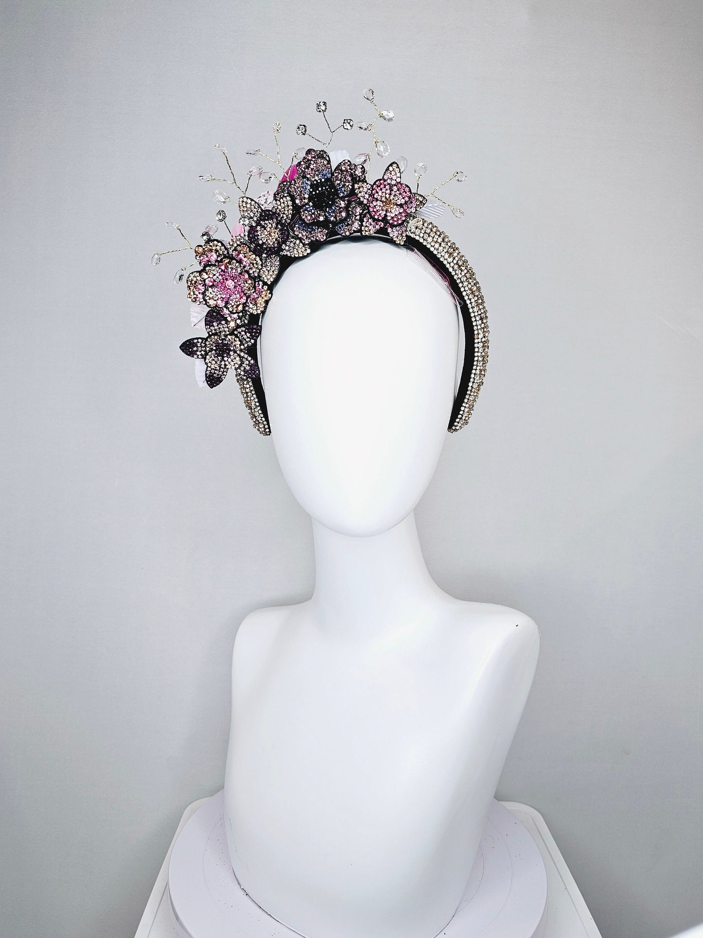 kentucky derby hat fascinator rhinestone crystal headband with pink gold purple clear ombre crystal flowers leaves and crystals