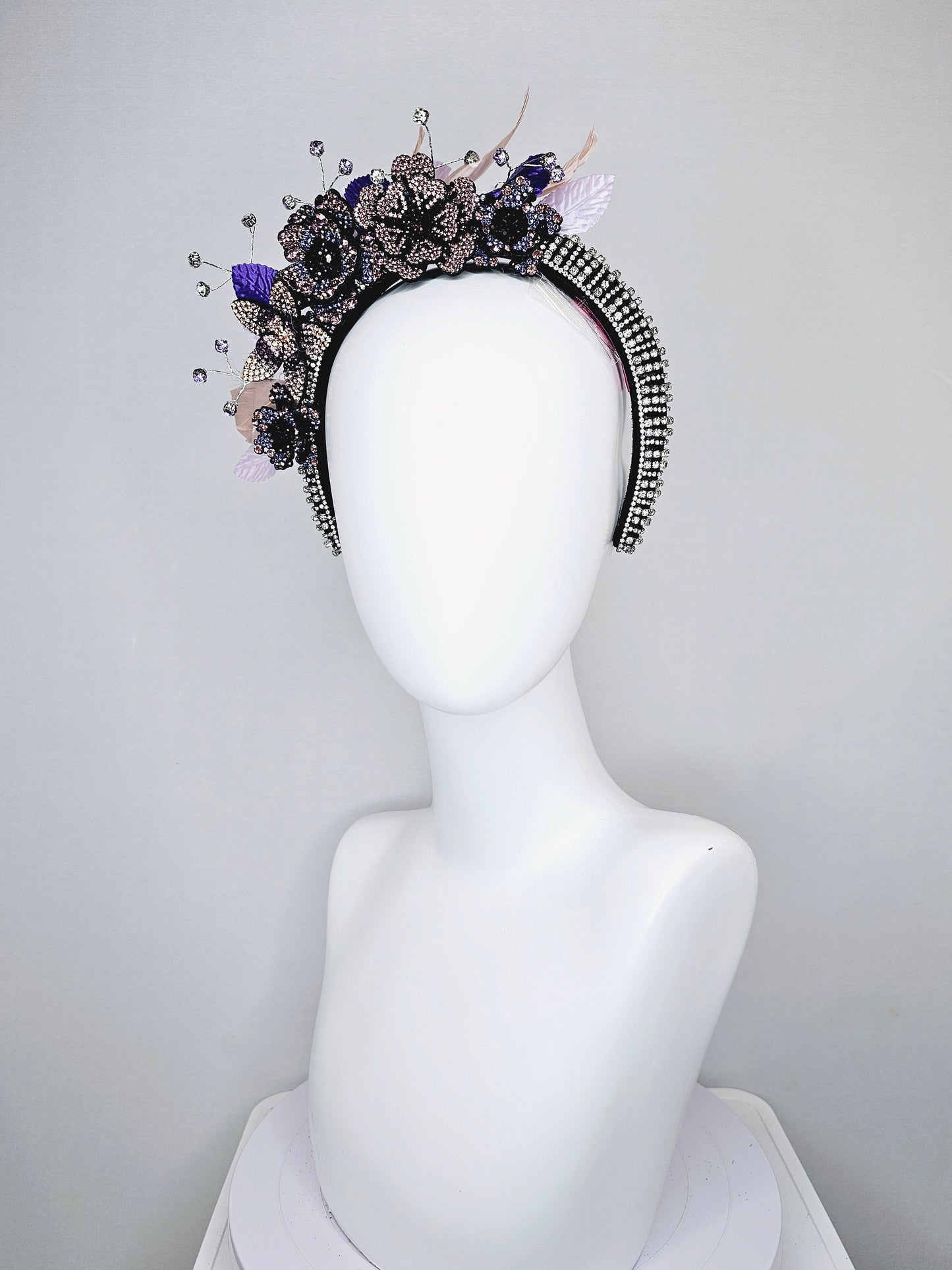 kentucky derby hat fascinator clear swarovski crystal headband with pink gold purple crystal flowers and crystals white purple pink leaves