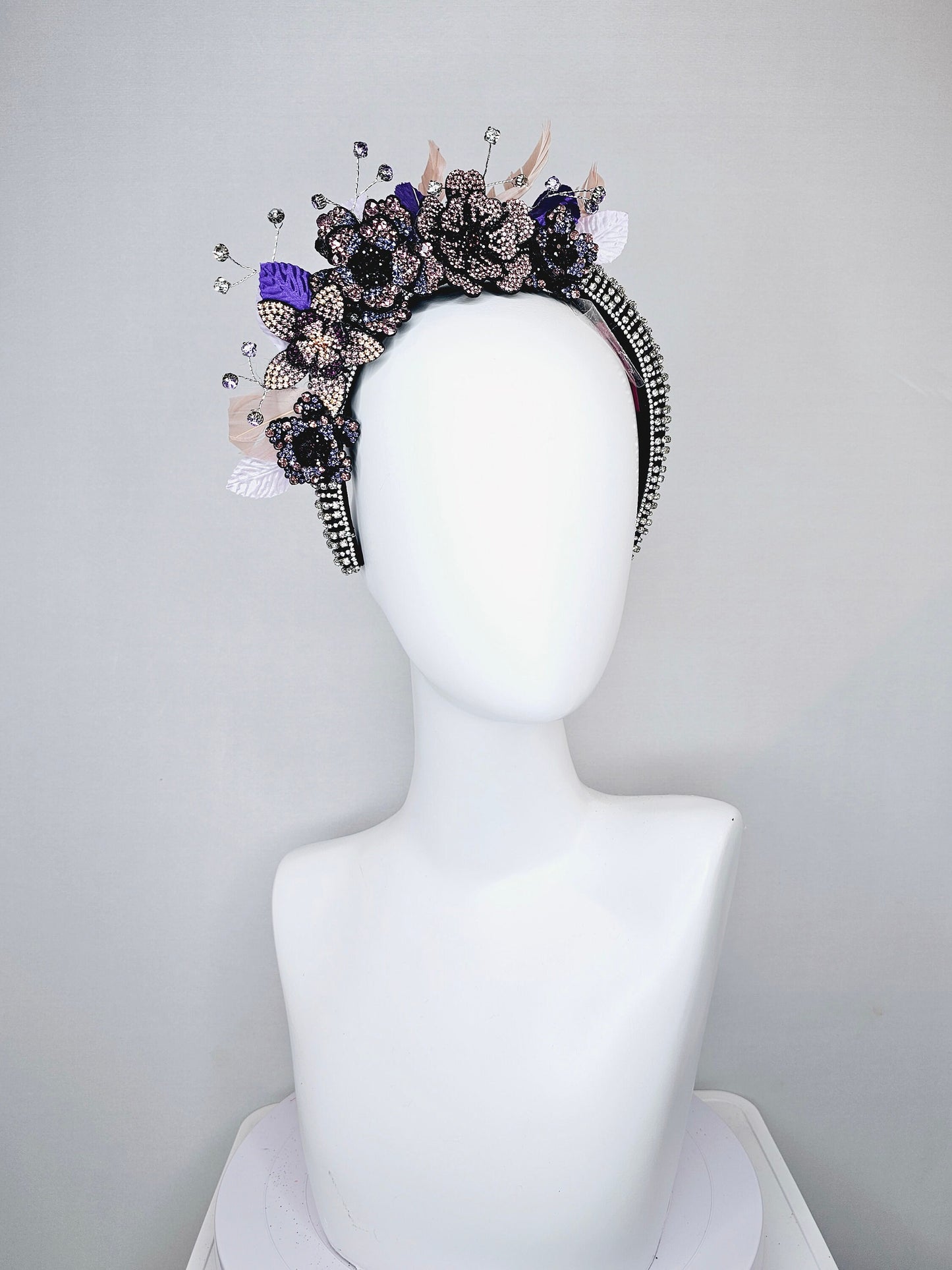kentucky derby hat fascinator clear swarovski crystal headband with pink gold purple crystal flowers and crystals white purple pink leaves