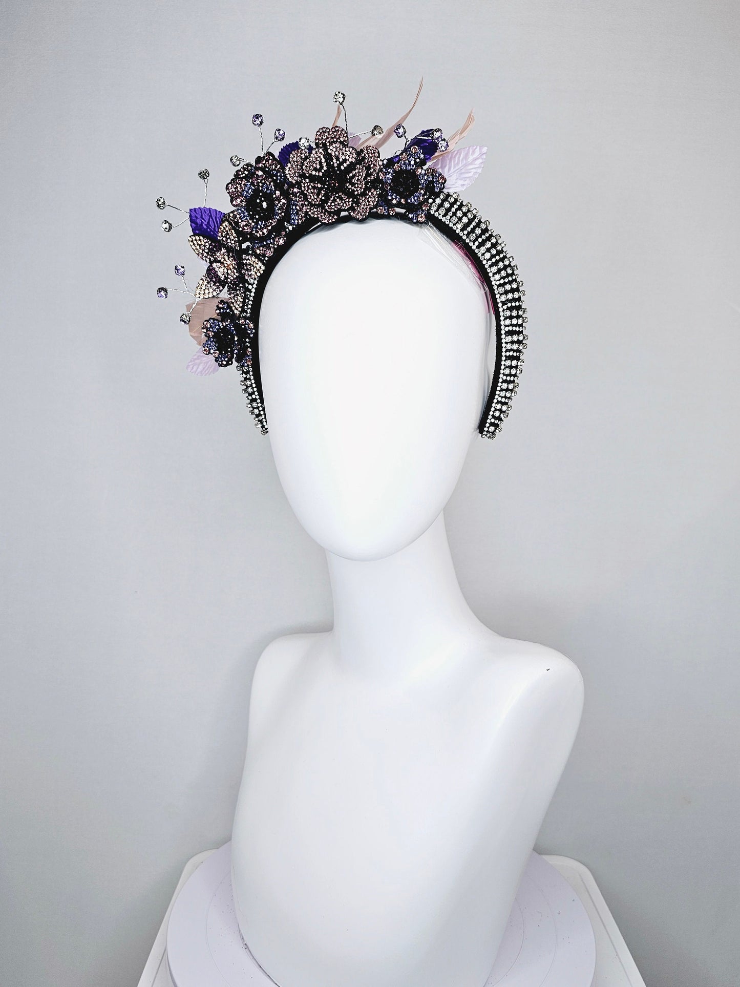 kentucky derby hat fascinator clear swarovski crystal headband with pink gold purple crystal flowers and crystals white purple pink leaves
