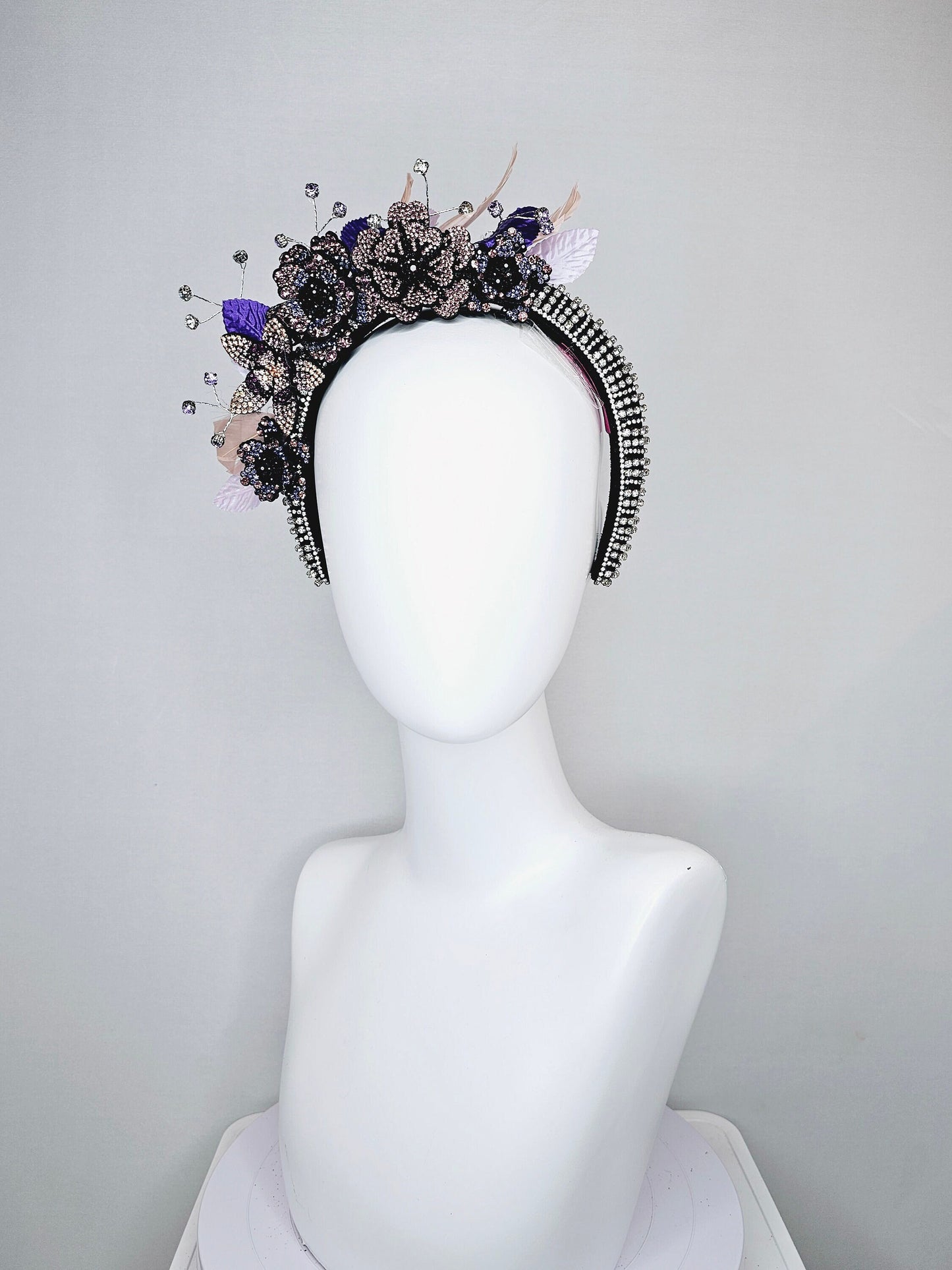 kentucky derby hat fascinator clear swarovski crystal headband with pink gold purple crystal flowers and crystals white purple pink leaves