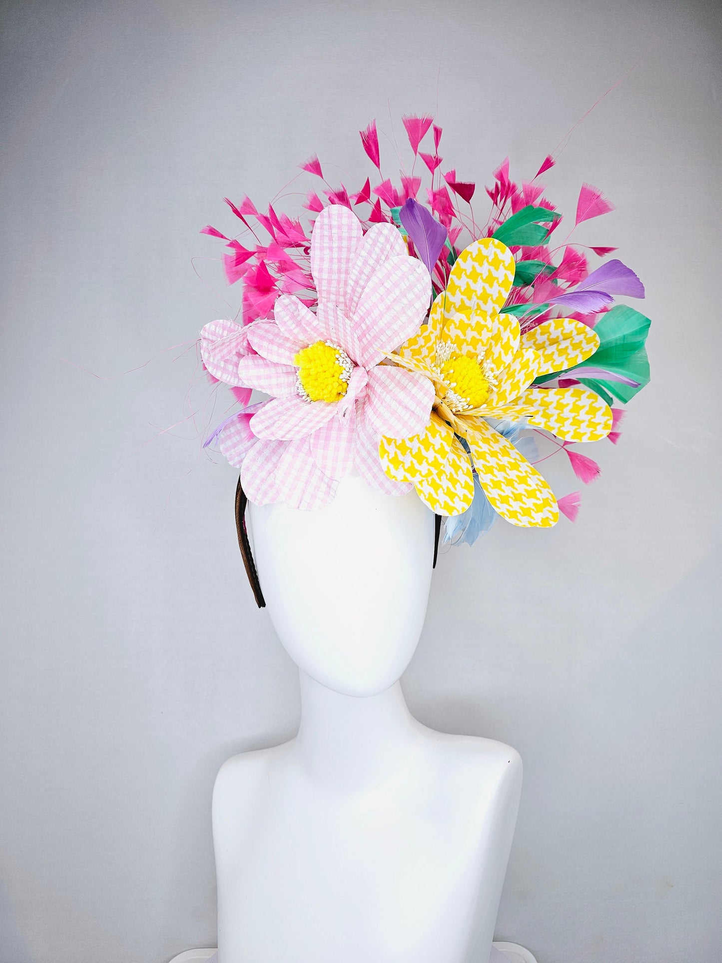 kentucky derby hat fascinator large pink yellow gingham flowers rainbow feathers blue pink purple green