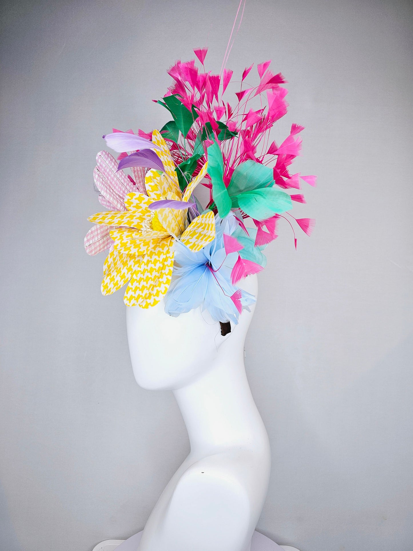 kentucky derby hat fascinator large pink yellow gingham flowers rainbow feathers blue pink purple green
