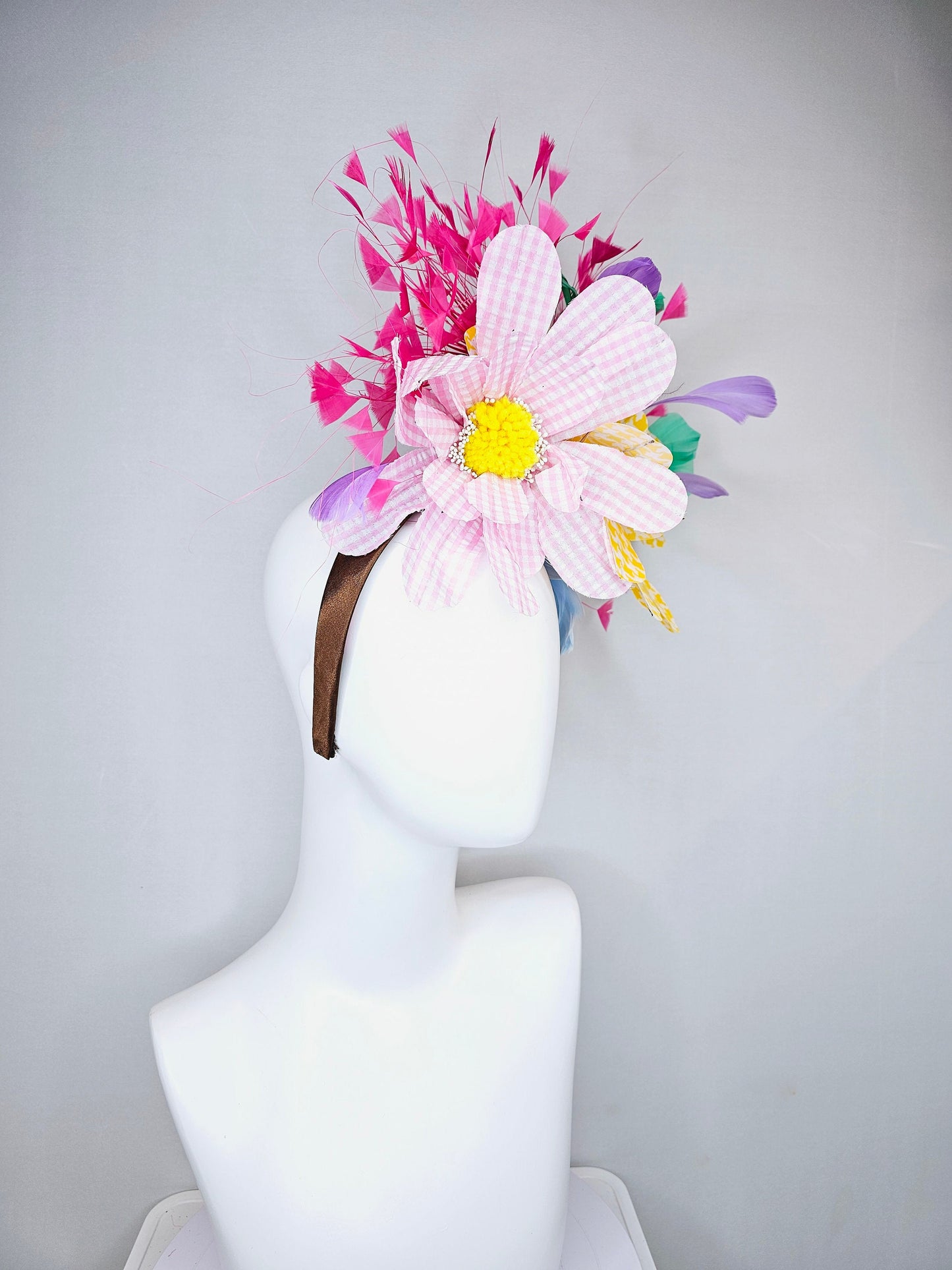 kentucky derby hat fascinator large pink yellow gingham flowers rainbow feathers blue pink purple green