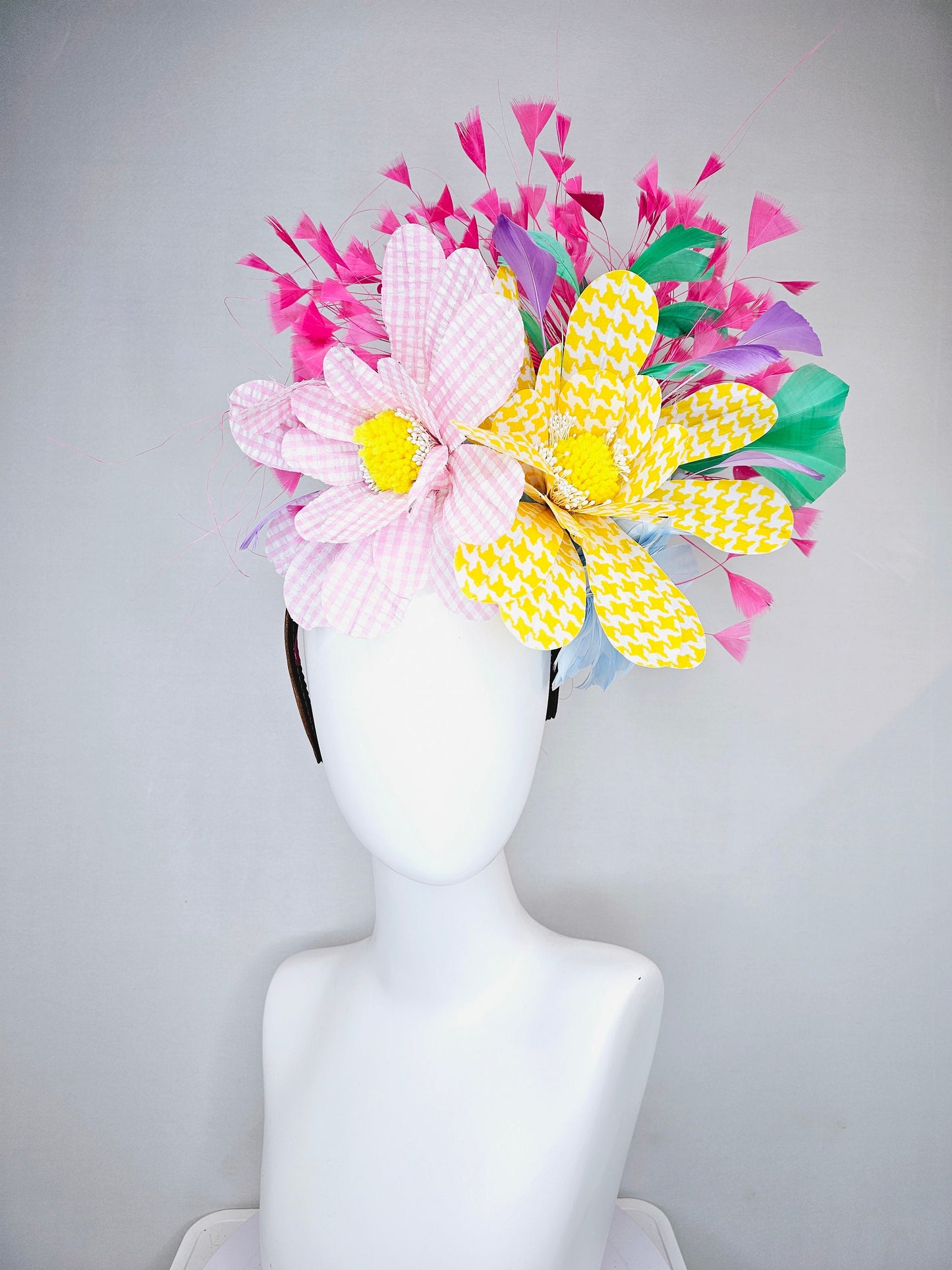 kentucky derby hat fascinator large pink yellow gingham flowers rainbow feathers blue pink purple green