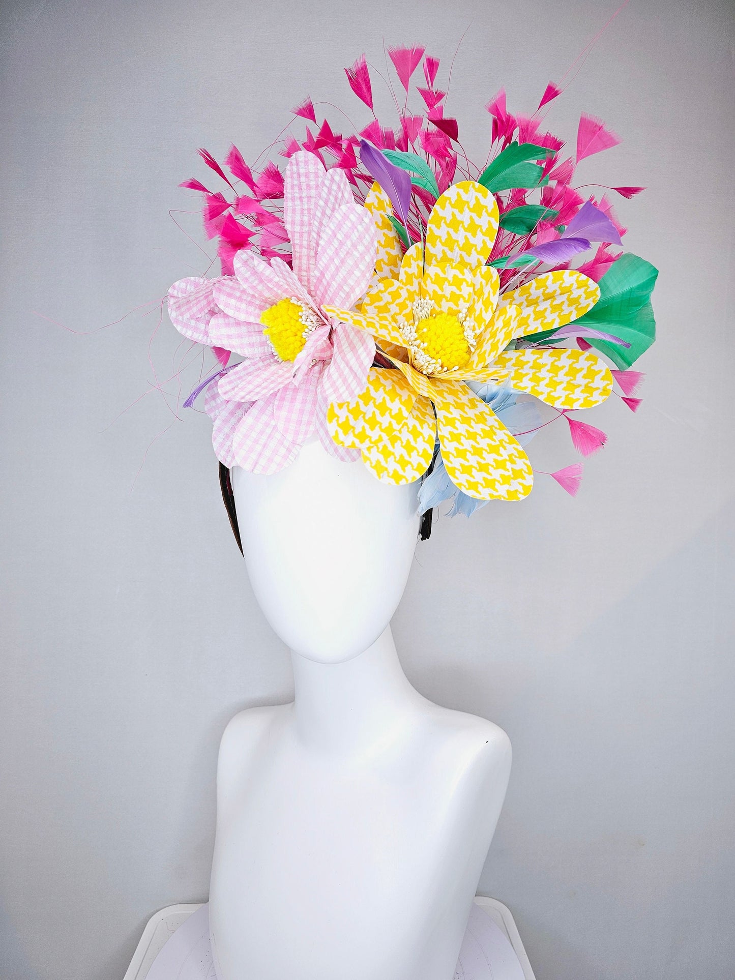 kentucky derby hat fascinator large pink yellow gingham flowers rainbow feathers blue pink purple green