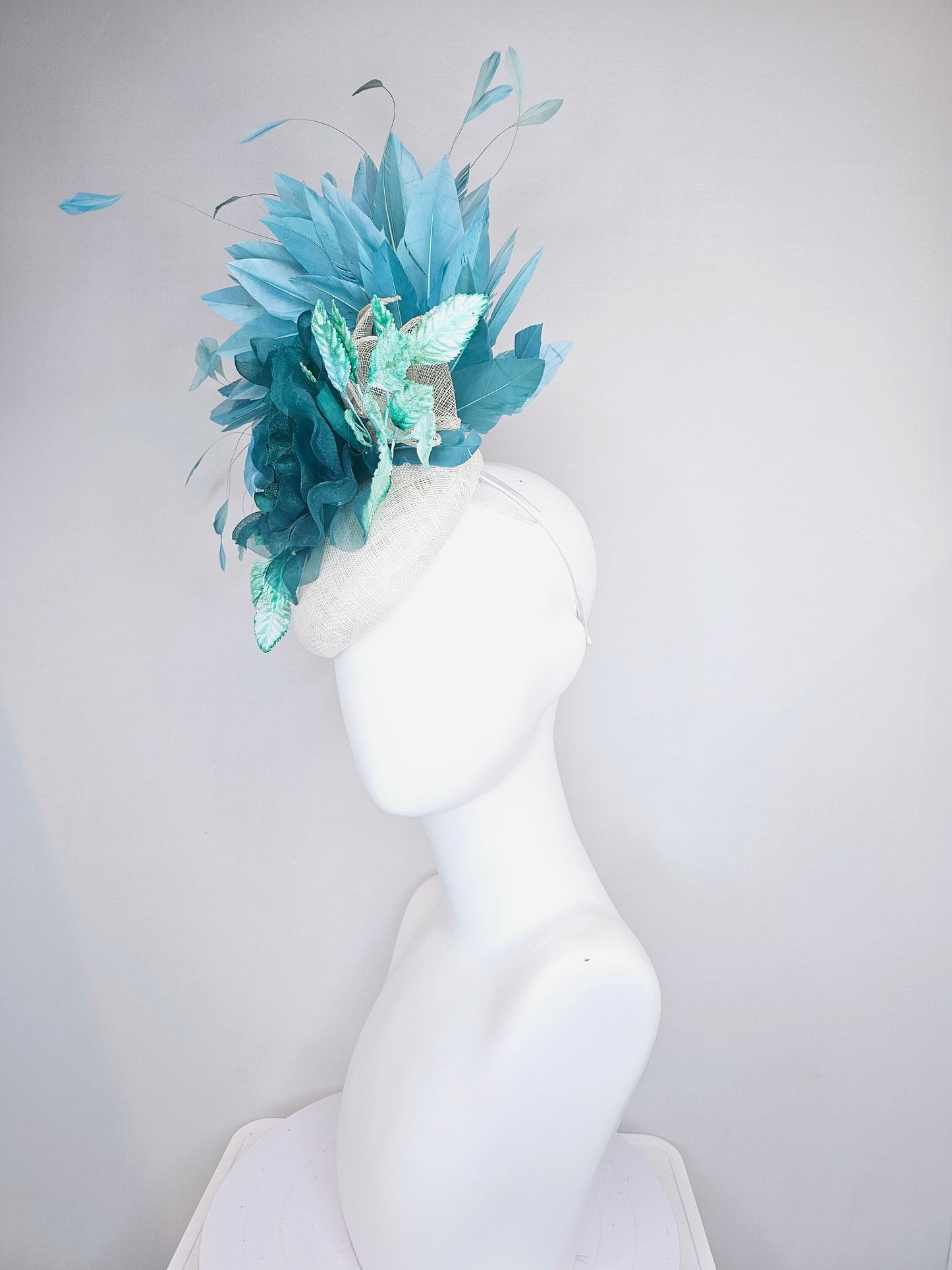 kentucky derby hat fascinator dark hunter green teal organza rose with teal green blue feathers and bright teal green blue velvet leaves
