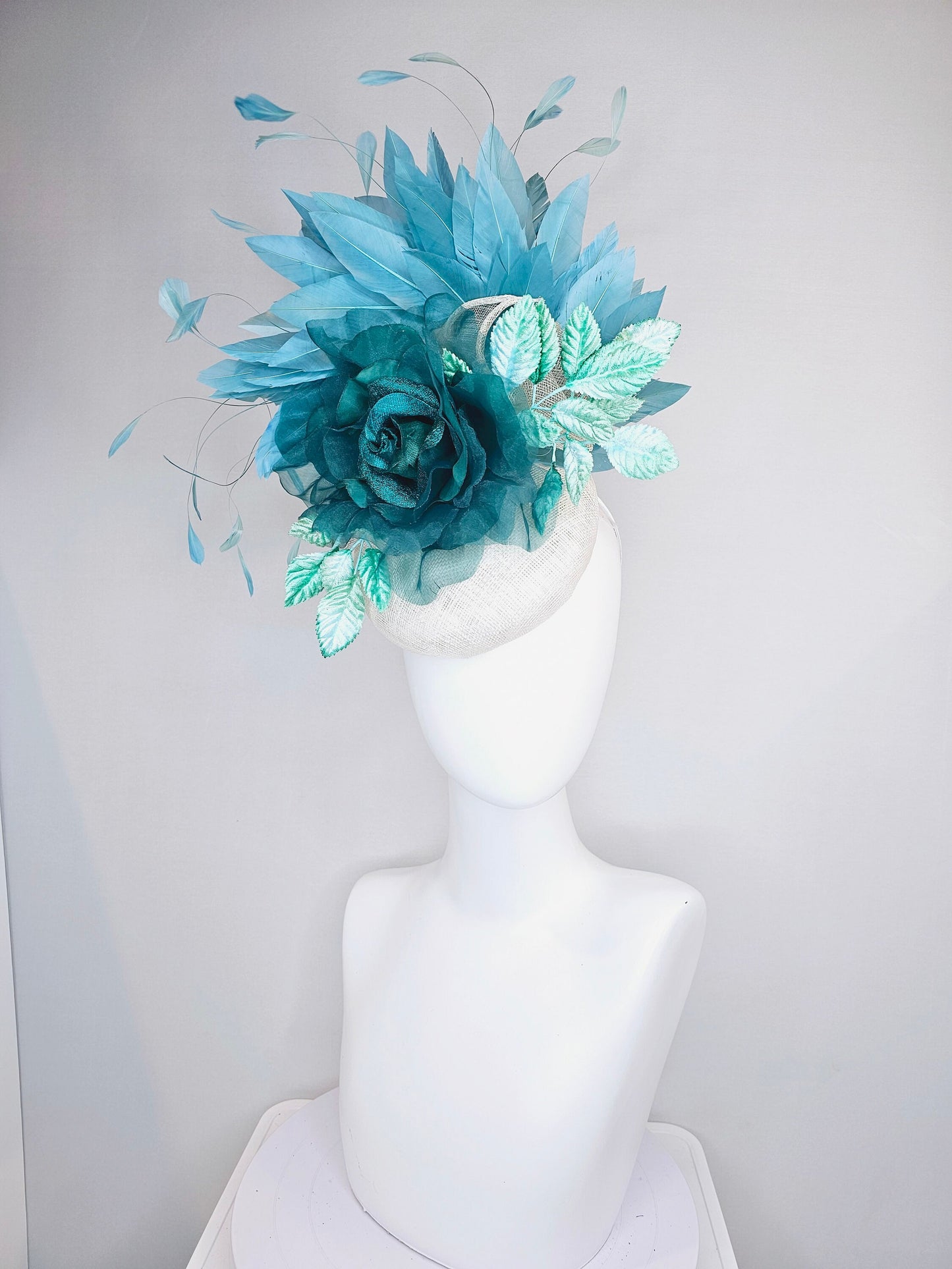kentucky derby hat fascinator dark hunter green teal organza rose with teal green blue feathers and bright teal green blue velvet leaves