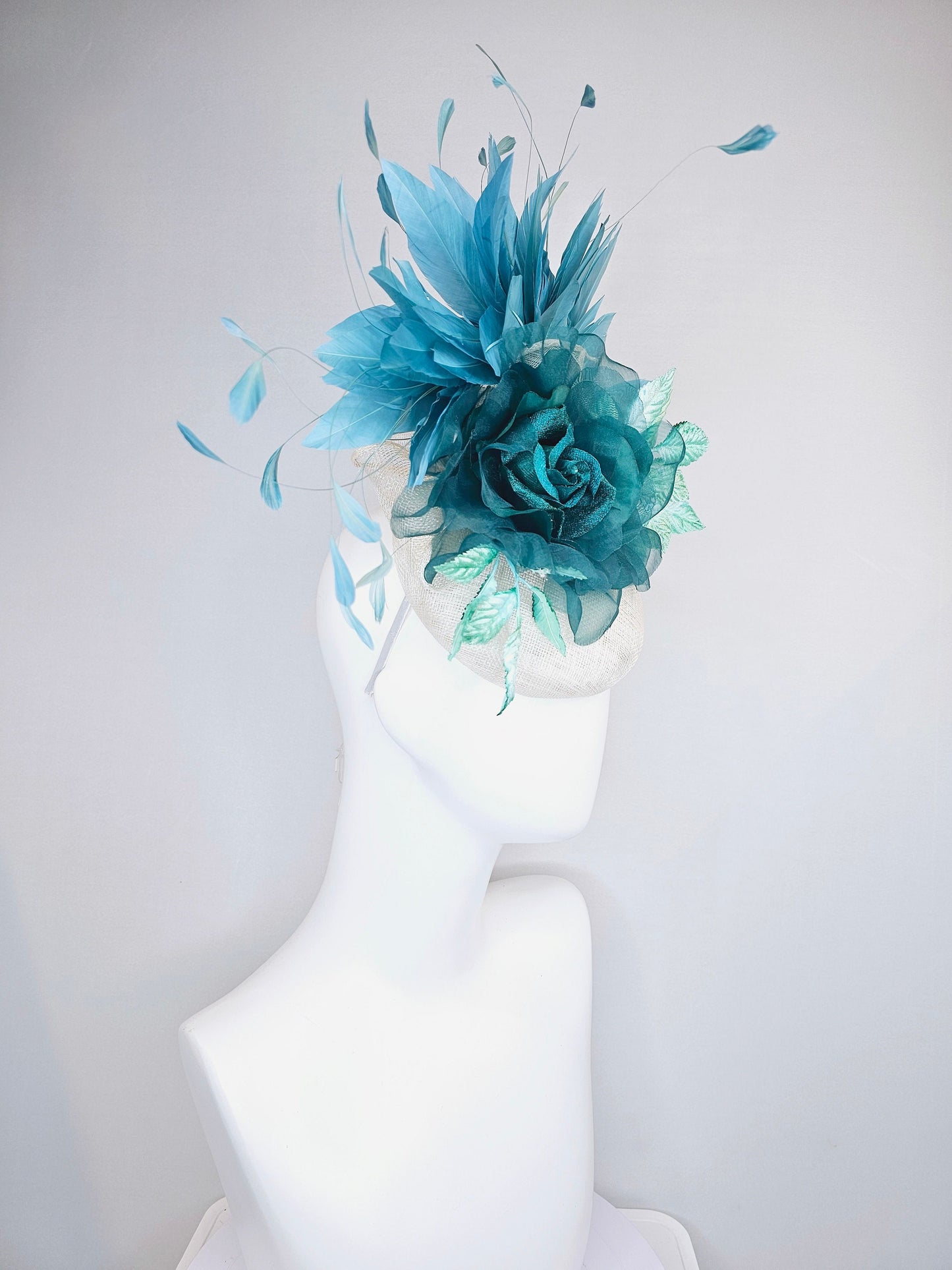 kentucky derby hat fascinator dark hunter green teal organza rose with teal green blue feathers and bright teal green blue velvet leaves