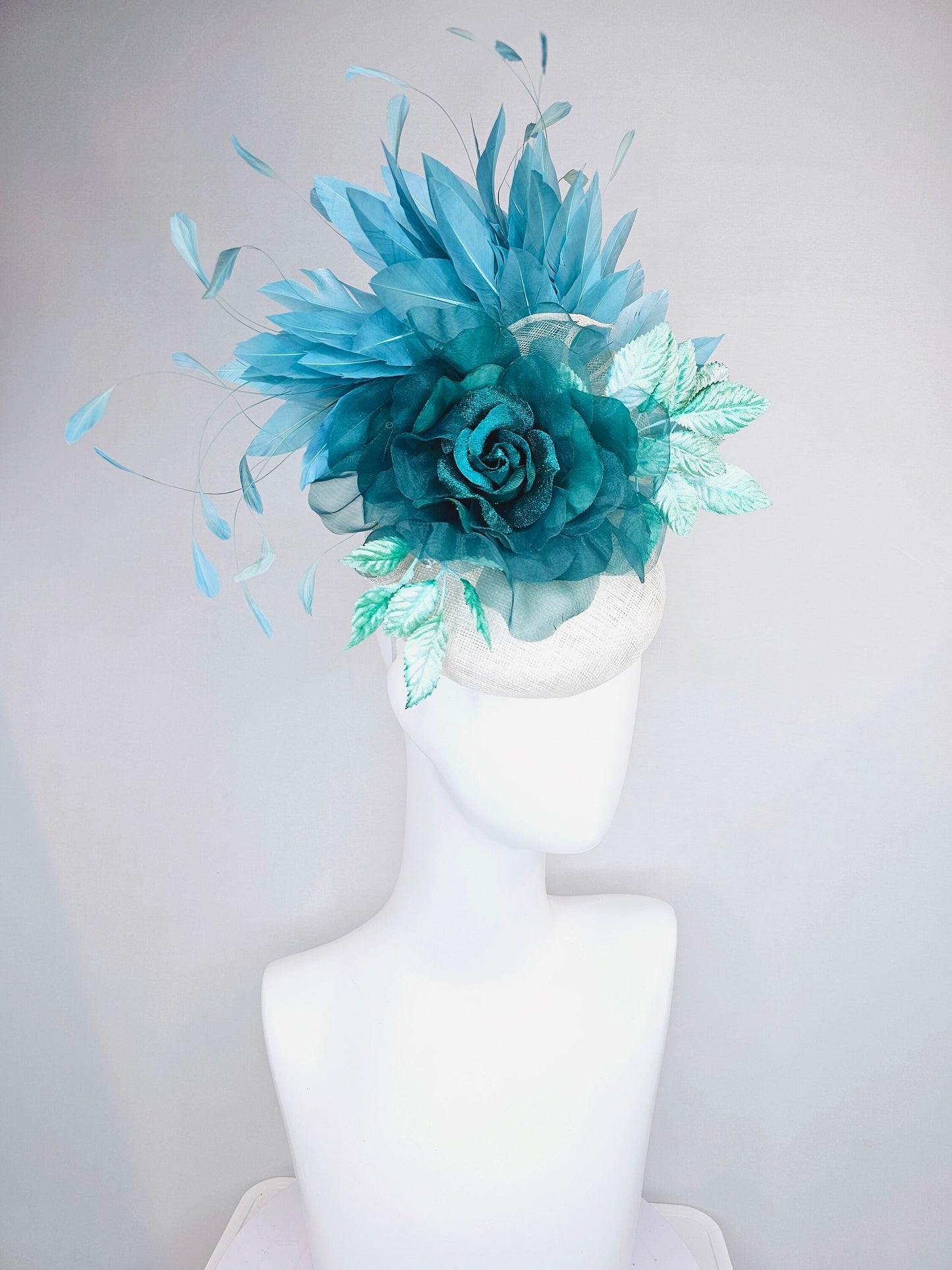 kentucky derby hat fascinator dark hunter green teal organza rose with teal green blue feathers and bright teal green blue velvet leaves