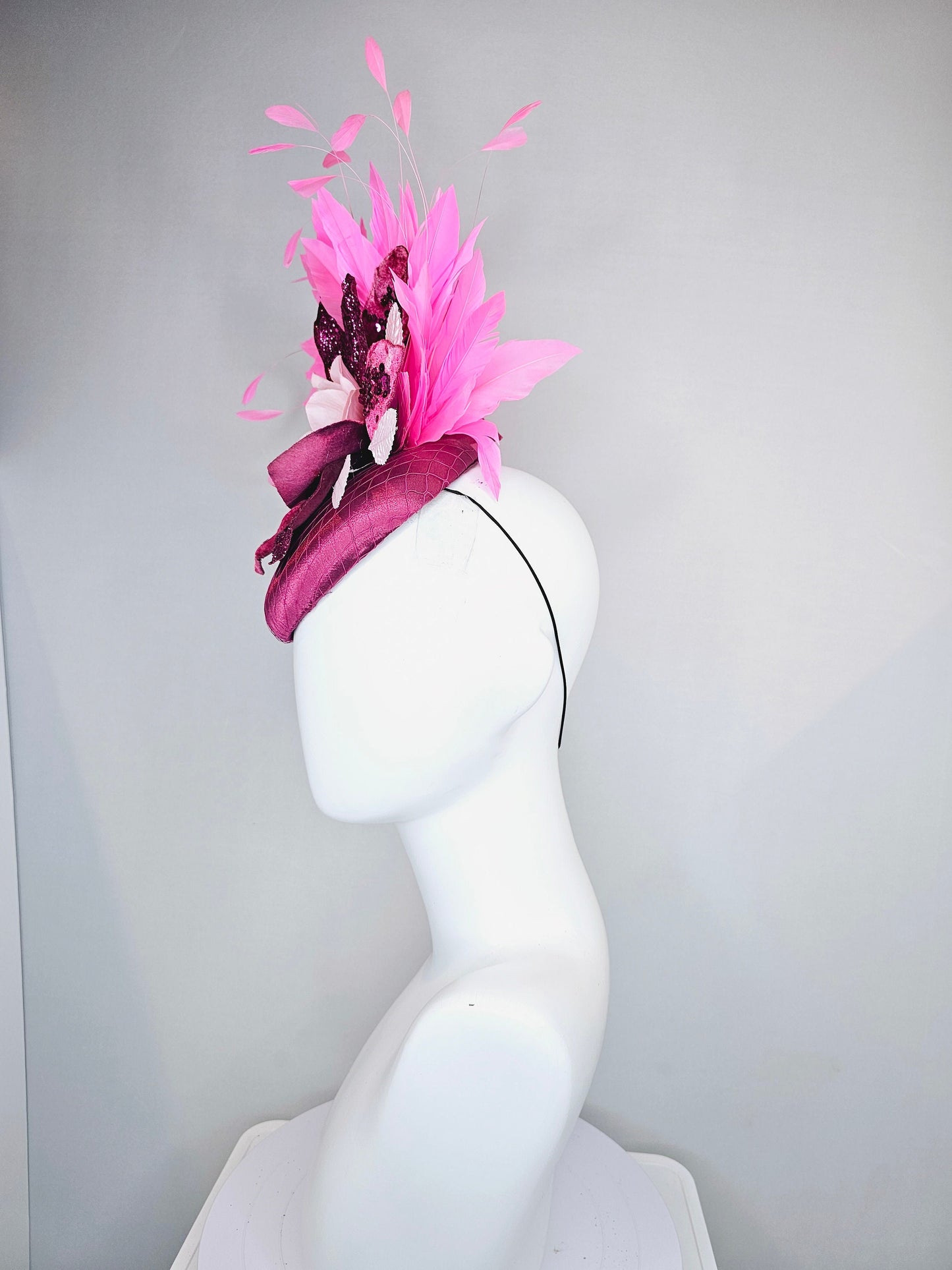 kentucky derby hat fascinator magenta purple maroon satin with pink feathers and light pink flower with glitter magenta petals and leaves