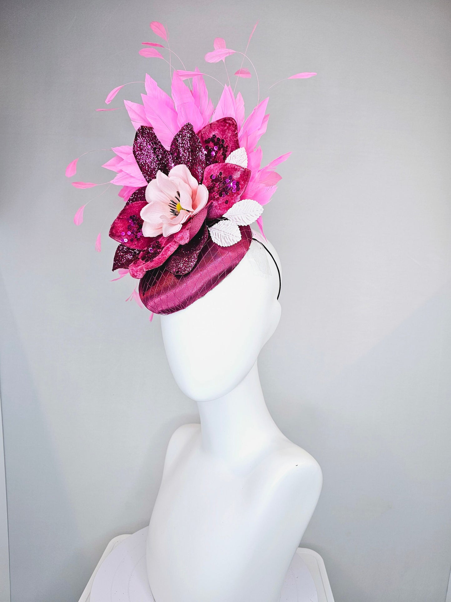 kentucky derby hat fascinator magenta purple maroon satin with pink feathers and light pink flower with glitter magenta petals and leaves