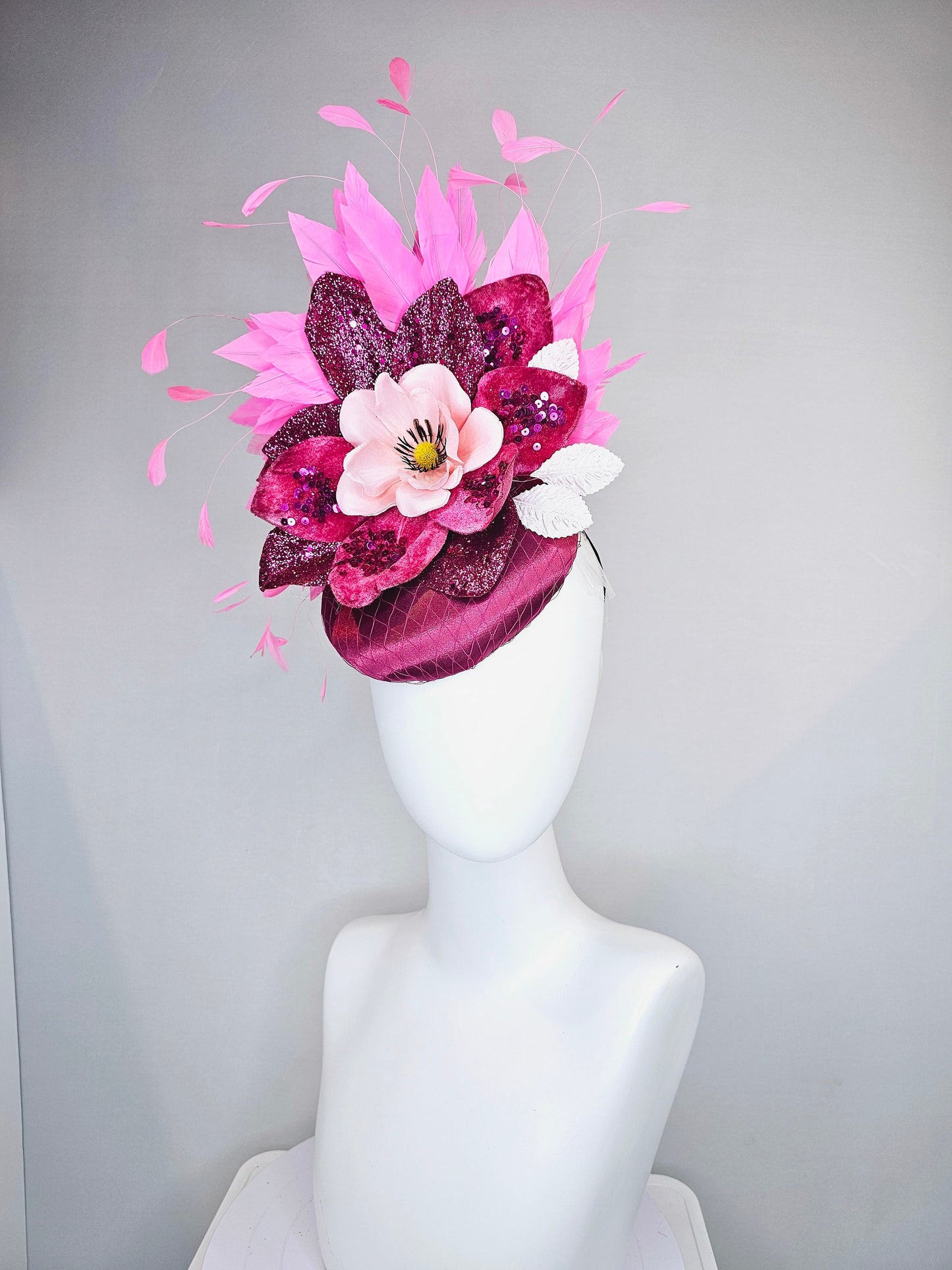 kentucky derby hat fascinator magenta purple maroon satin with pink feathers and light pink flower with glitter magenta petals and leaves