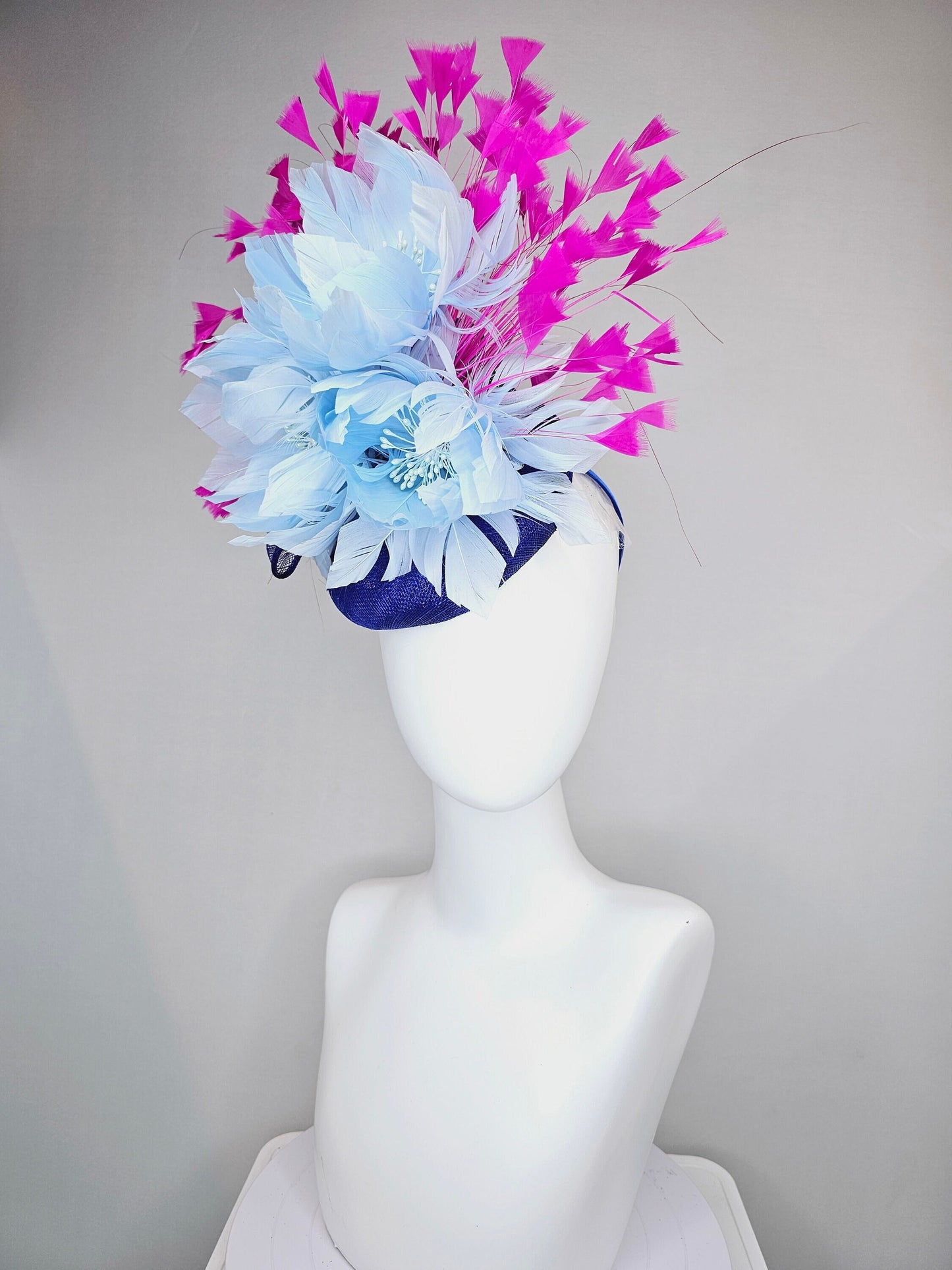 kentucky derby hat fascinator royal blue sinamay with large fluffy light blue feather flowers and fuchsia hot pink feathers