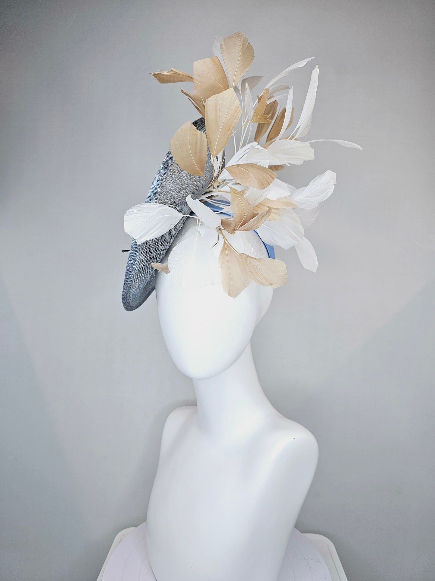 kentucky derby hat fascinator light blue sinamay saucer white gold feathers embroidered black white gold beaded fringe horse decor