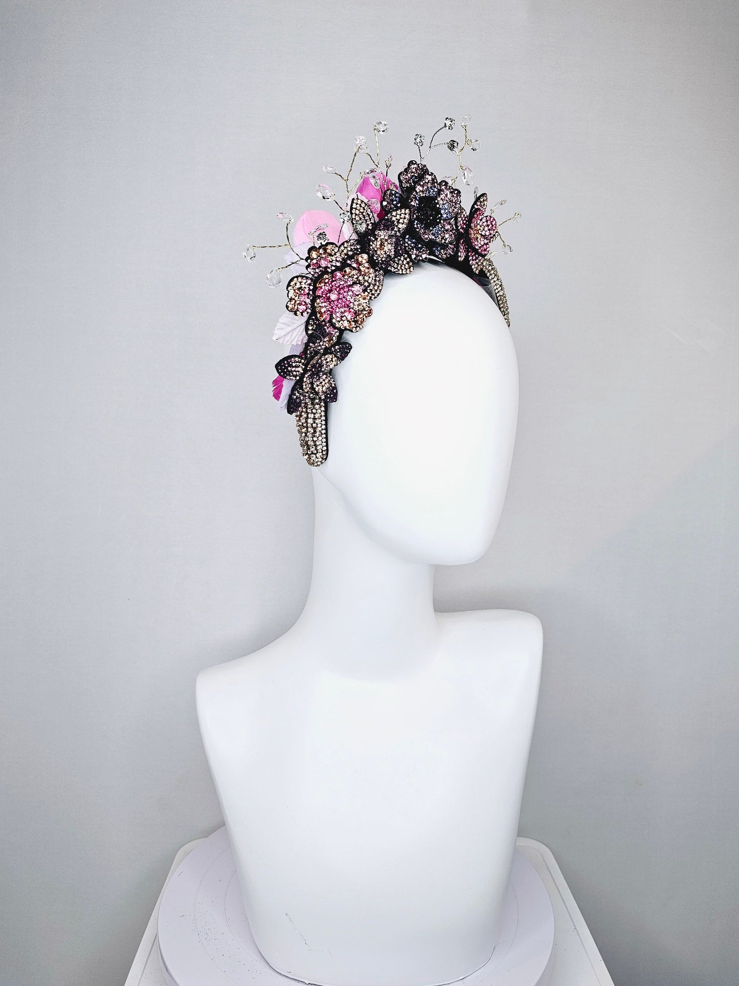 kentucky derby hat fascinator rhinestone crystal headband with pink gold purple clear ombre crystal flowers leaves and crystals