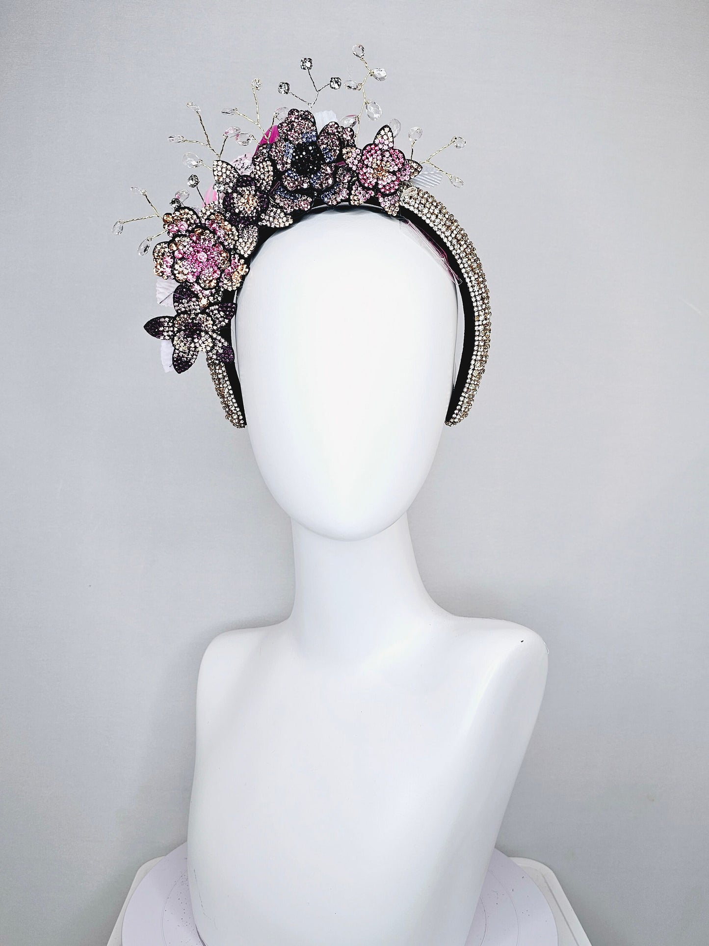 kentucky derby hat fascinator rhinestone crystal headband with pink gold purple clear ombre crystal flowers leaves and crystals