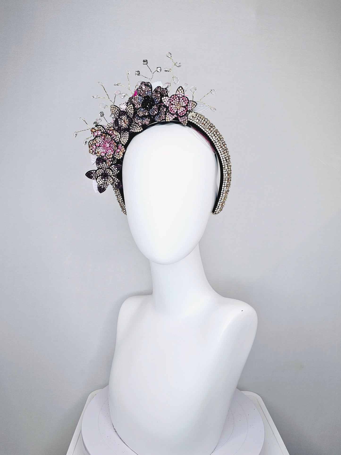 kentucky derby hat fascinator rhinestone crystal headband with pink gold purple clear ombre crystal flowers leaves and crystals