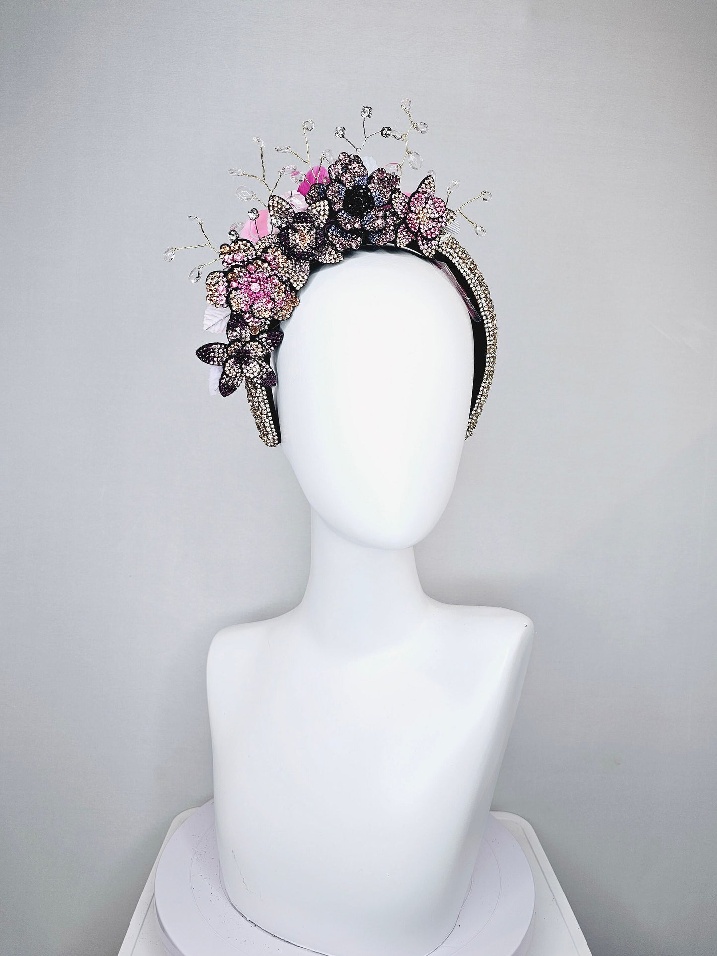 kentucky derby hat fascinator rhinestone crystal headband with pink gold purple clear ombre crystal flowers leaves and crystals