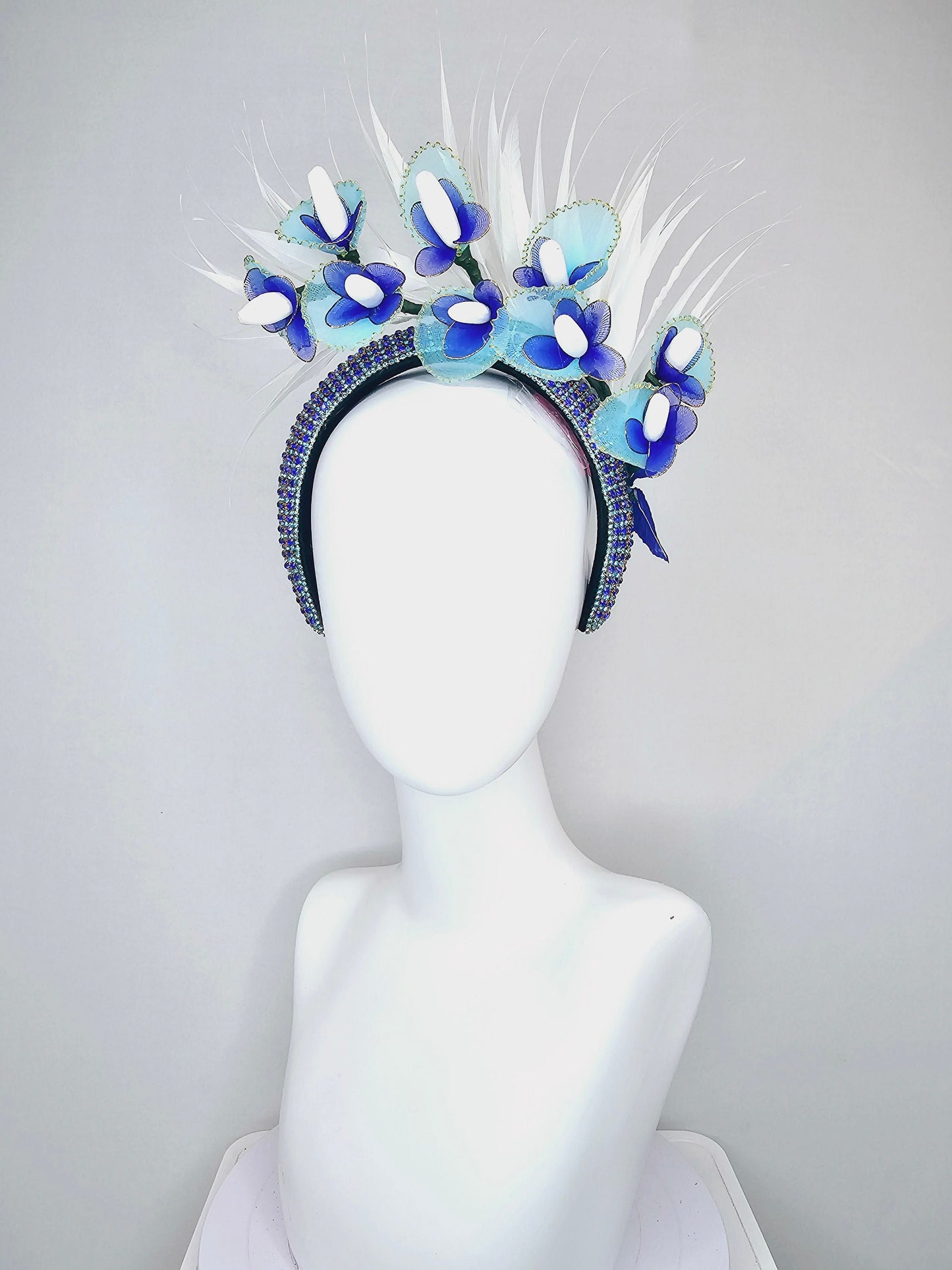 kentucky derby hat fascinator blue royal and aqua rhinestone crystal headband with blue wires flowers spiky white feathers
