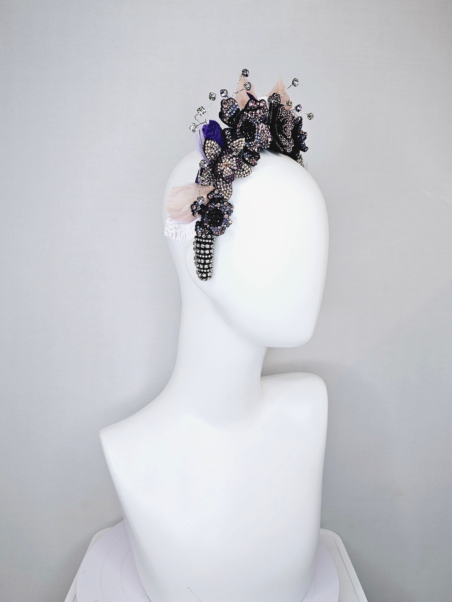 kentucky derby hat fascinator clear swarovski crystal headband with pink gold purple crystal flowers and crystals white purple pink leaves