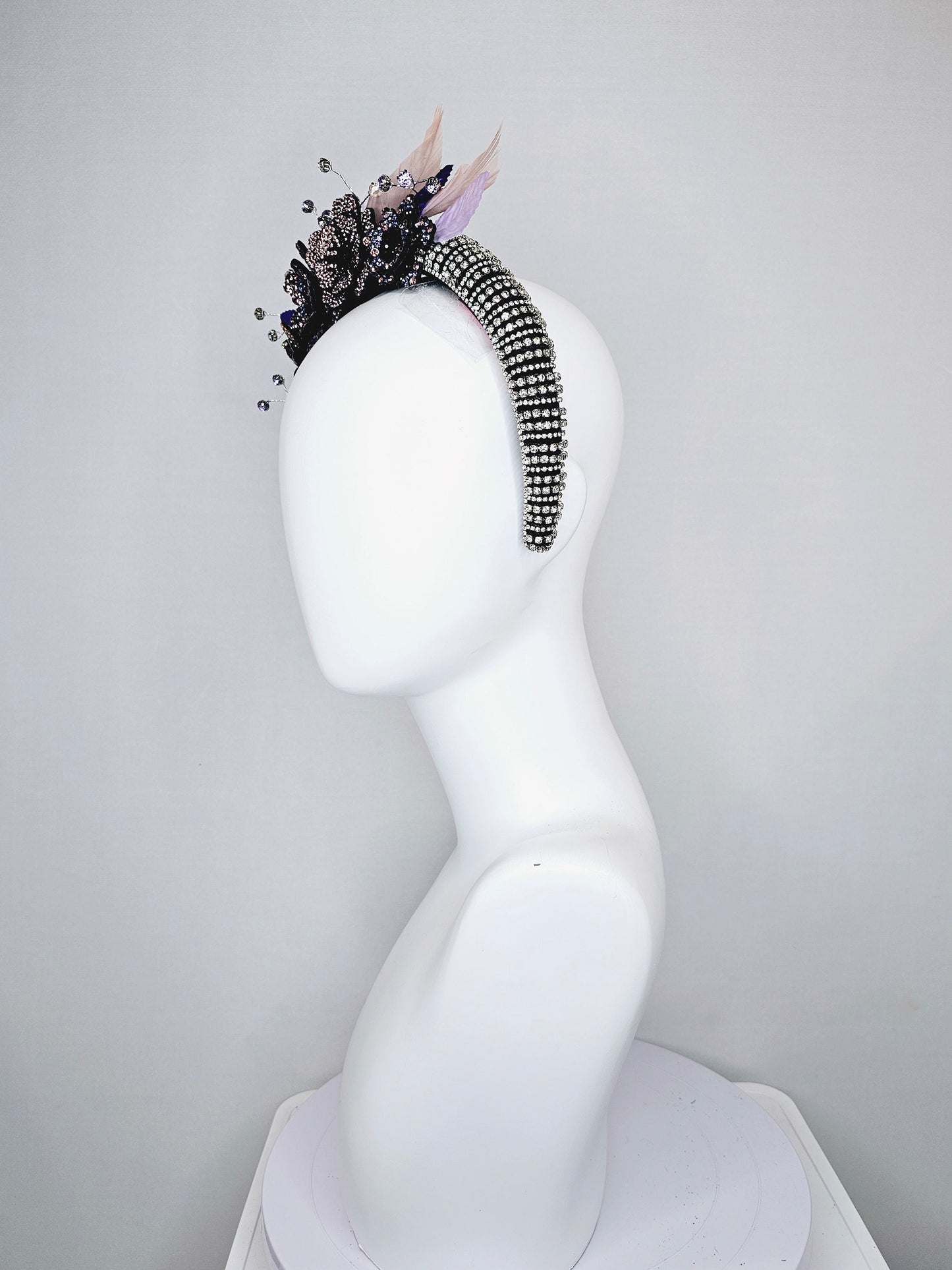 kentucky derby hat fascinator clear swarovski crystal headband with pink gold purple crystal flowers and crystals white purple pink leaves