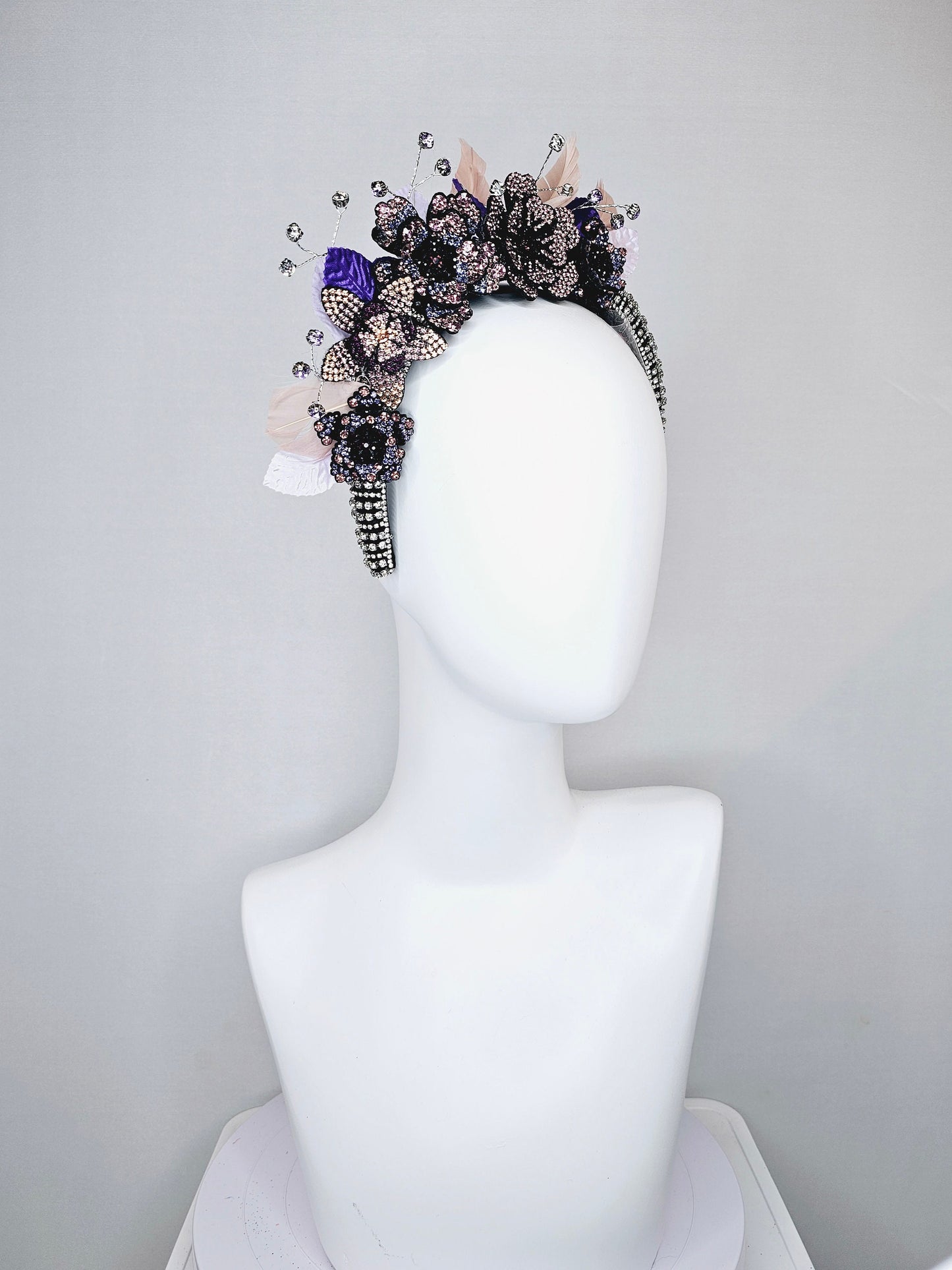 kentucky derby hat fascinator clear swarovski crystal headband with pink gold purple crystal flowers and crystals white purple pink leaves