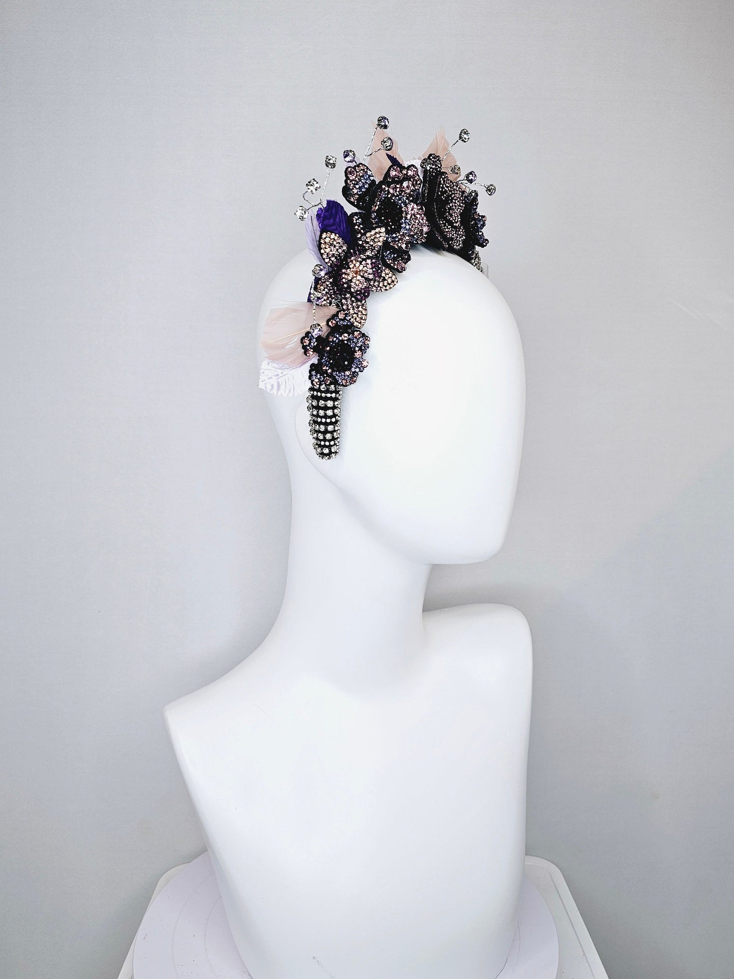 kentucky derby hat fascinator clear swarovski crystal headband with pink gold purple crystal flowers and crystals white purple pink leaves
