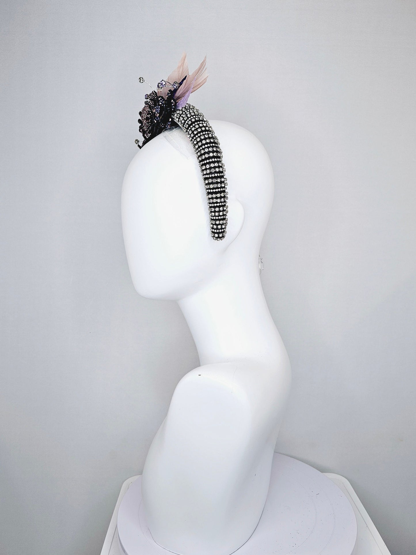 kentucky derby hat fascinator clear swarovski crystal headband with pink gold purple crystal flowers and crystals white purple pink leaves