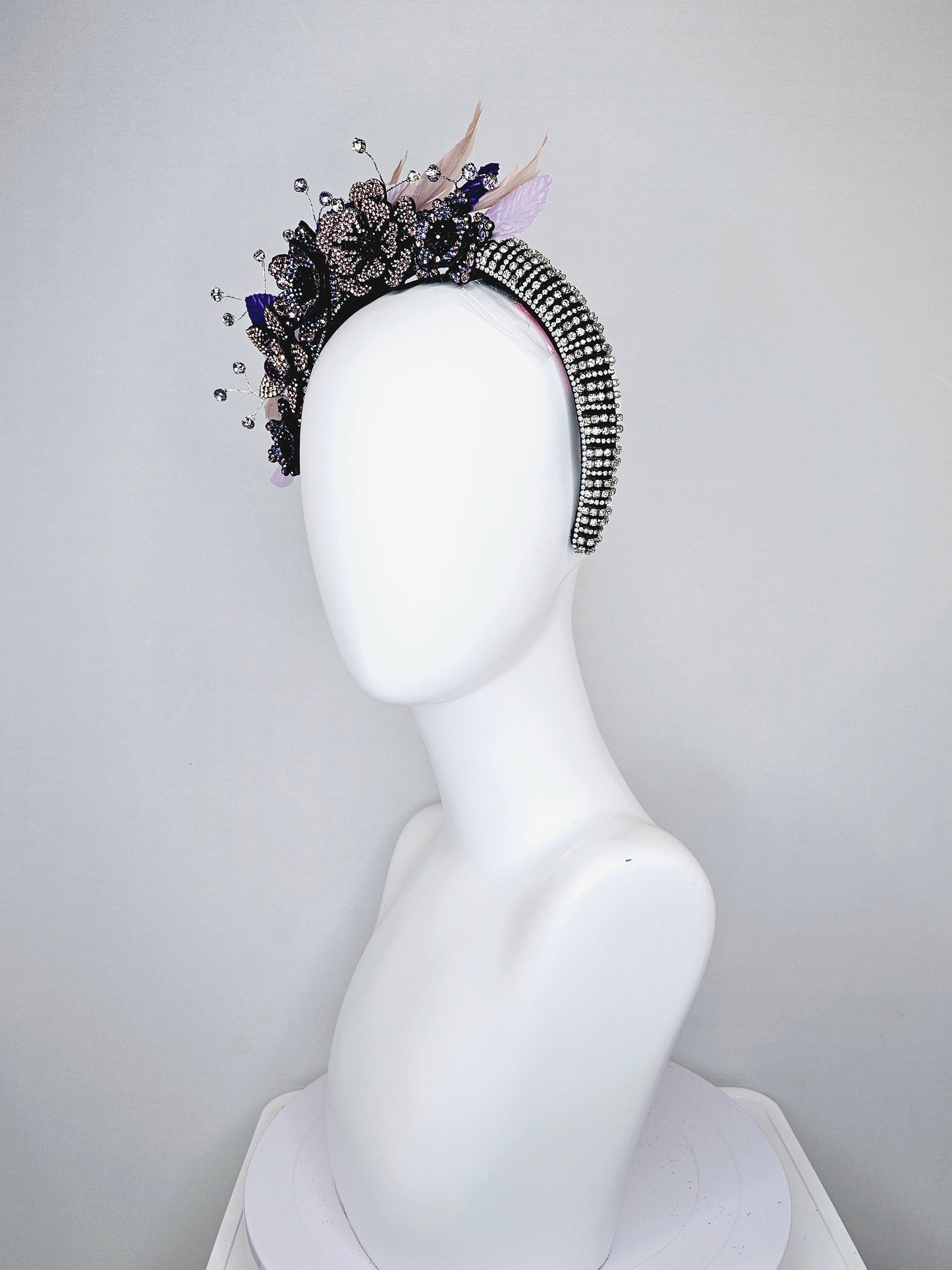 kentucky derby hat fascinator clear swarovski crystal headband with pink gold purple crystal flowers and crystals white purple pink leaves