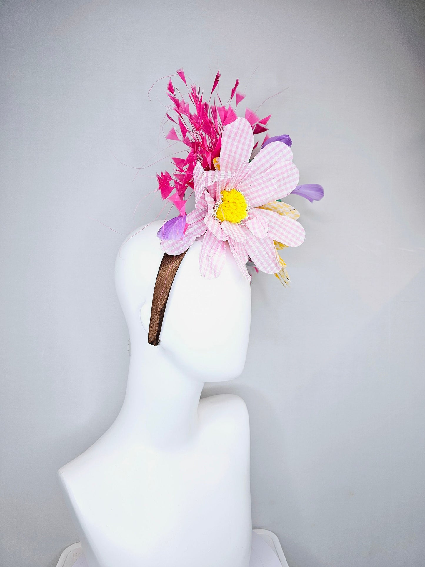 kentucky derby hat fascinator large pink yellow gingham flowers rainbow feathers blue pink purple green