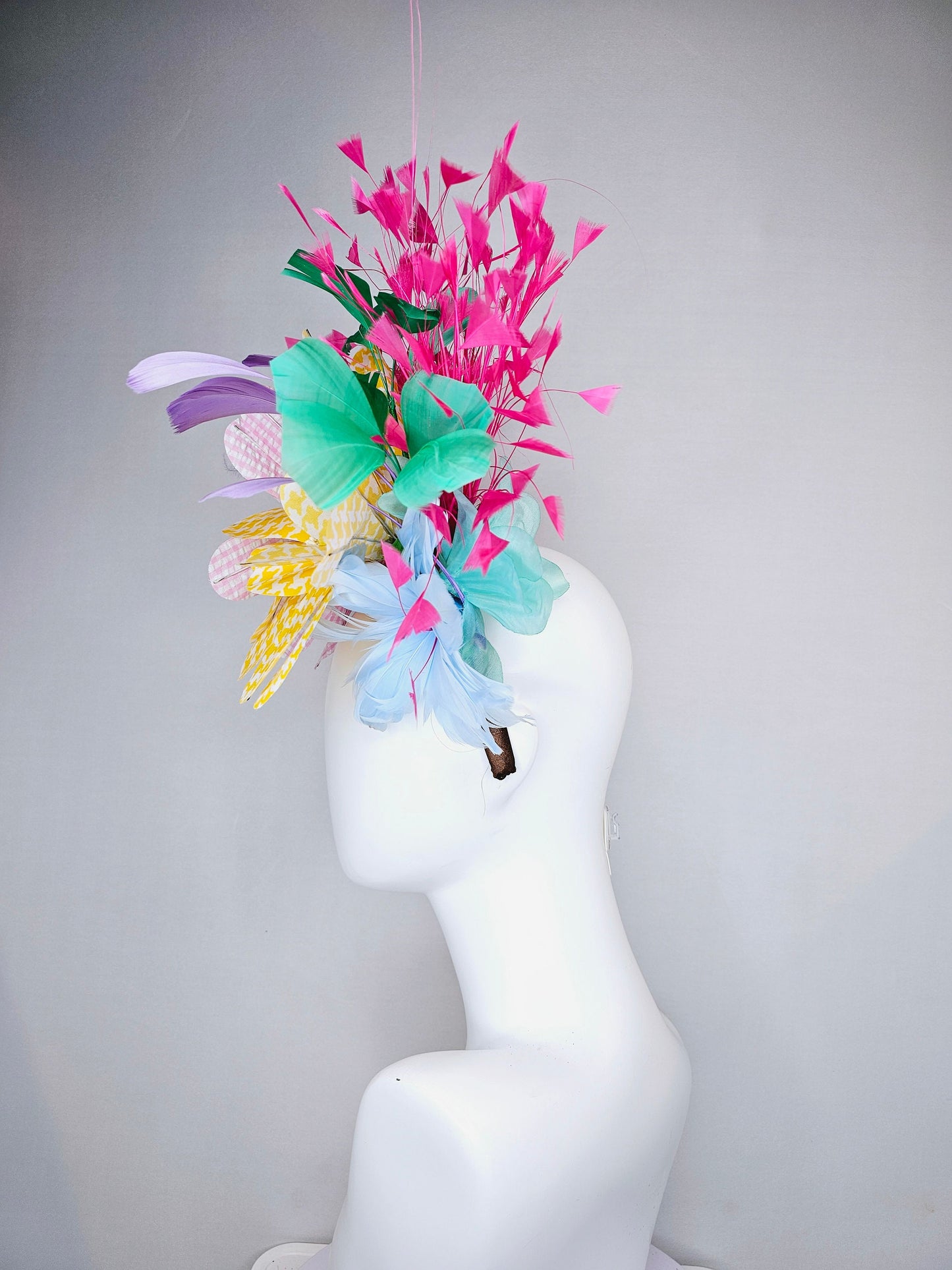 kentucky derby hat fascinator large pink yellow gingham flowers rainbow feathers blue pink purple green
