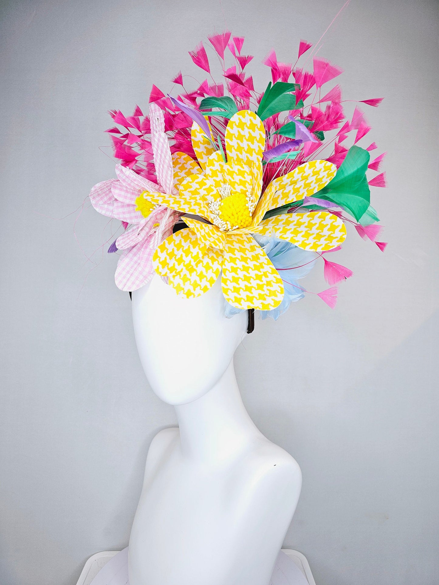 kentucky derby hat fascinator large pink yellow gingham flowers rainbow feathers blue pink purple green