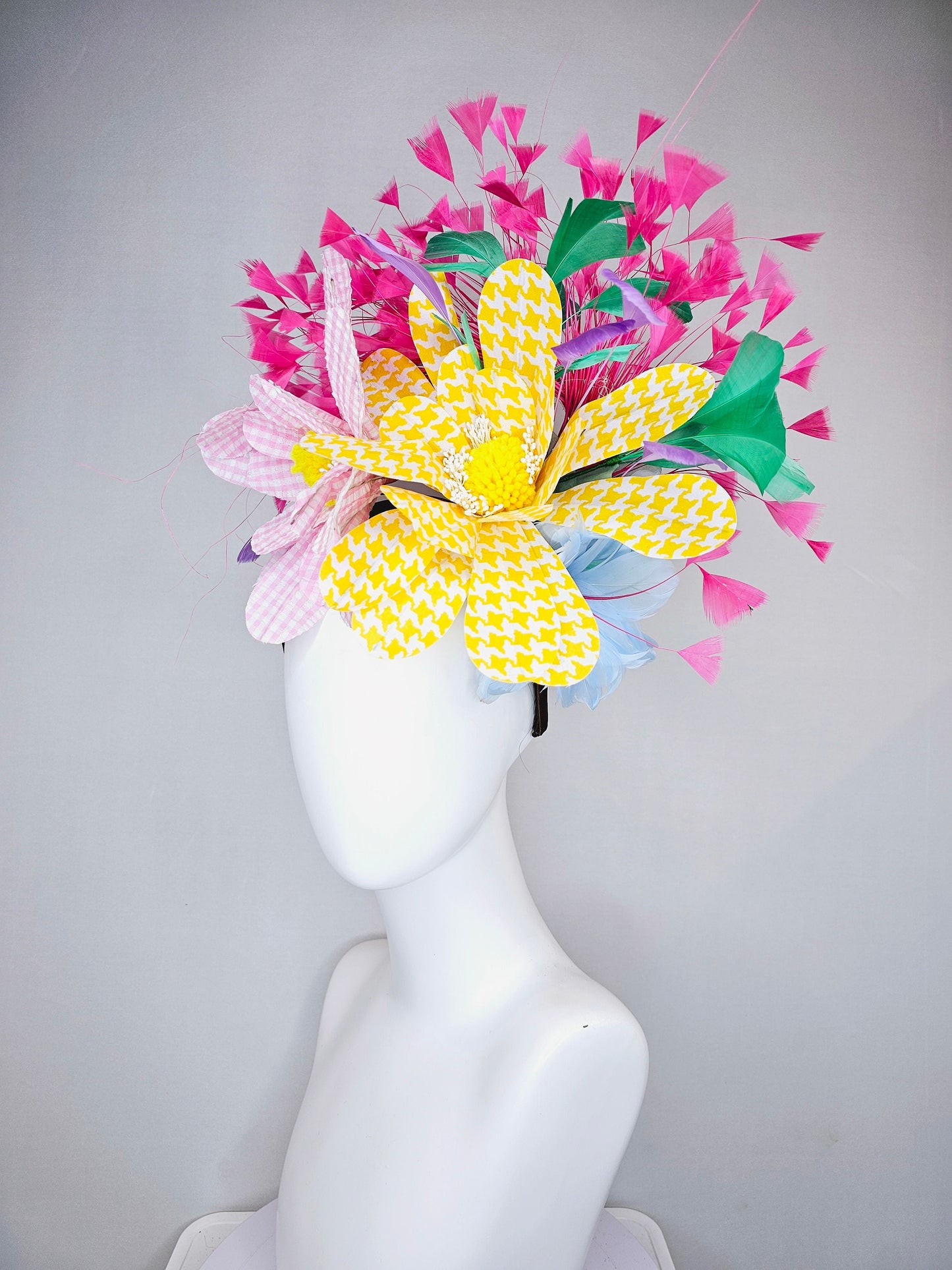 kentucky derby hat fascinator large pink yellow gingham flowers rainbow feathers blue pink purple green