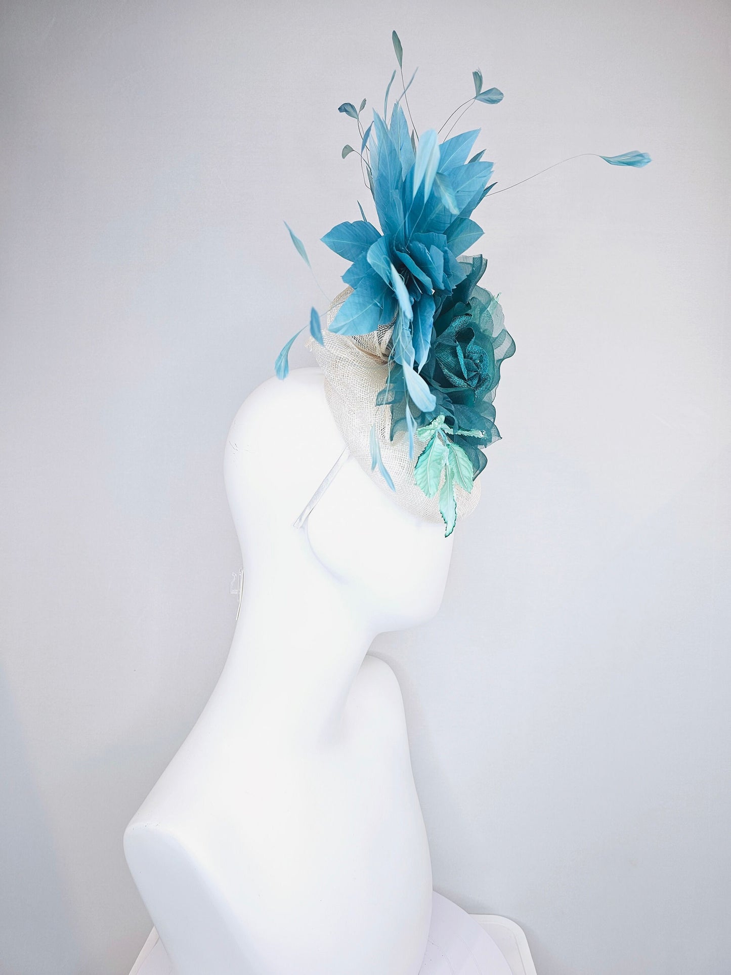 kentucky derby hat fascinator dark hunter green teal organza rose with teal green blue feathers and bright teal green blue velvet leaves