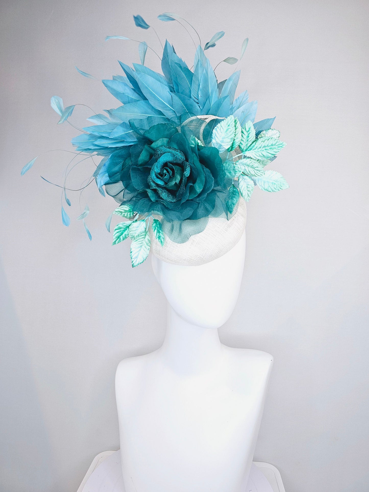 kentucky derby hat fascinator dark hunter green teal organza rose with teal green blue feathers and bright teal green blue velvet leaves