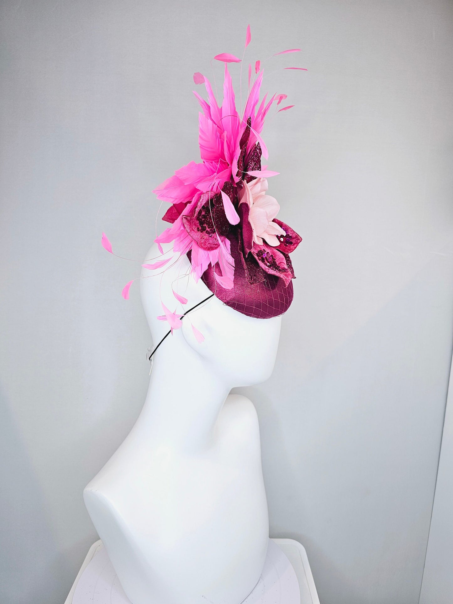 kentucky derby hat fascinator magenta purple maroon satin with pink feathers and light pink flower with glitter magenta petals and leaves