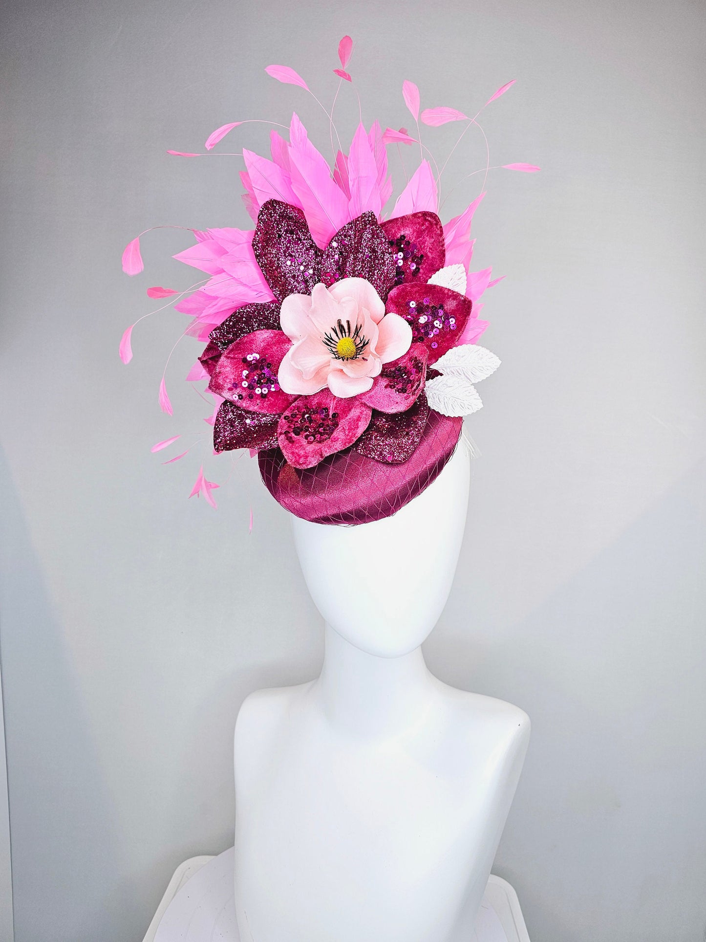 kentucky derby hat fascinator magenta purple maroon satin with pink feathers and light pink flower with glitter magenta petals and leaves