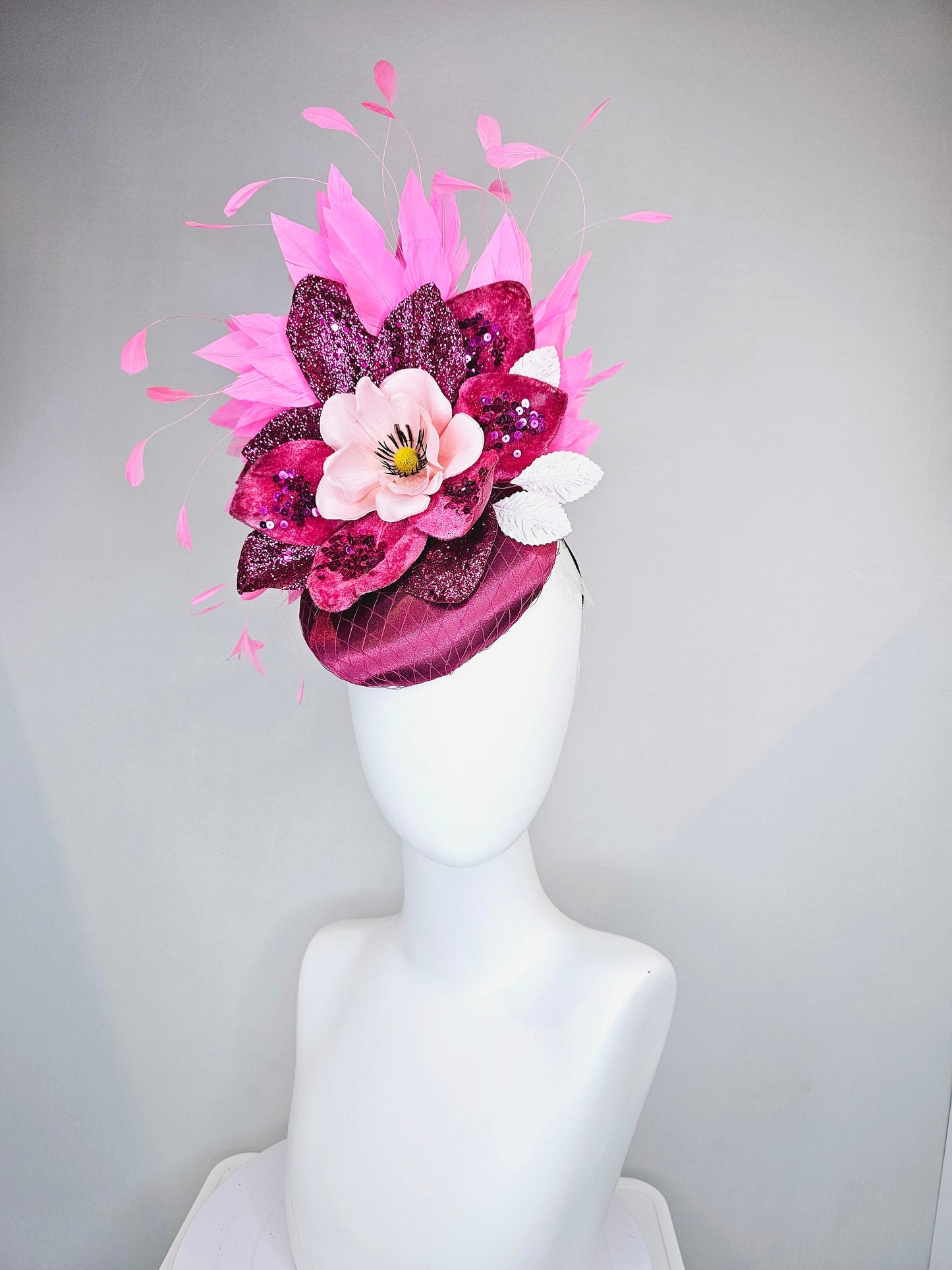 kentucky derby hat fascinator magenta purple maroon satin with pink feathers and light pink flower with glitter magenta petals and leaves