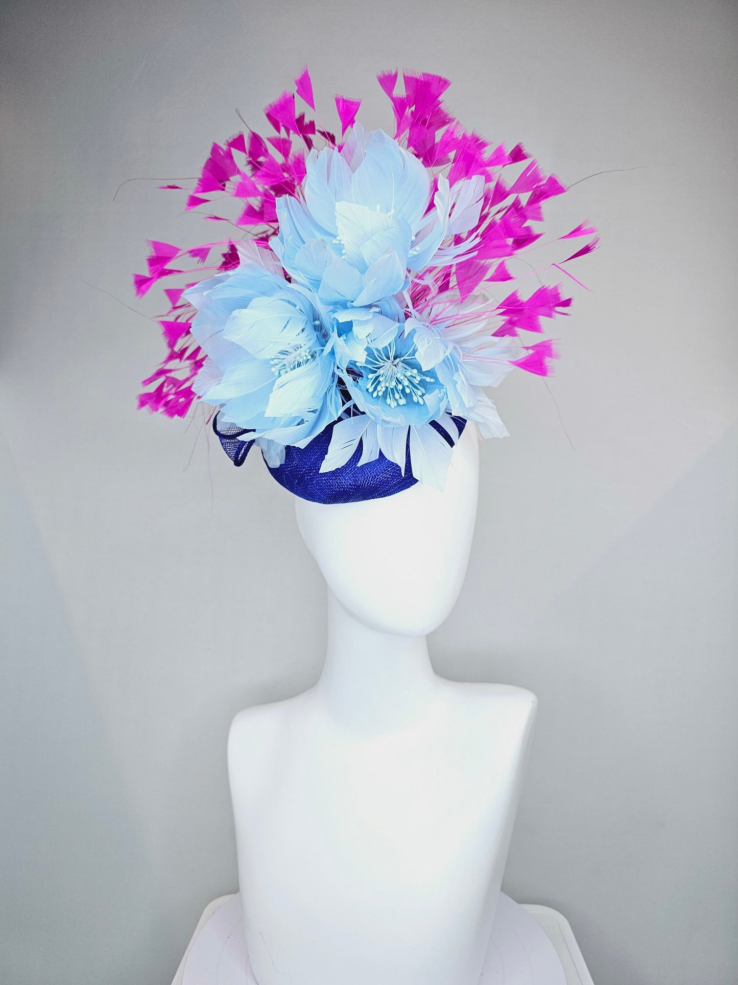 kentucky derby hat fascinator royal blue sinamay with large fluffy light blue feather flowers and fuchsia hot pink feathers