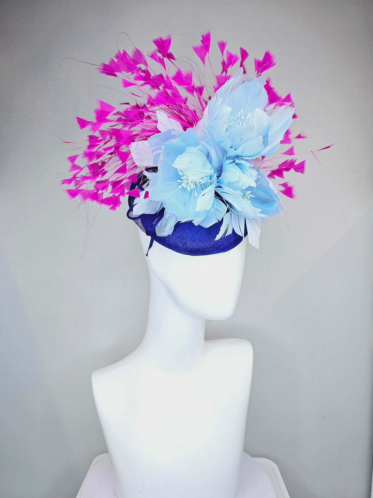 kentucky derby hat fascinator royal blue sinamay with large fluffy light blue feather flowers and fuchsia hot pink feathers